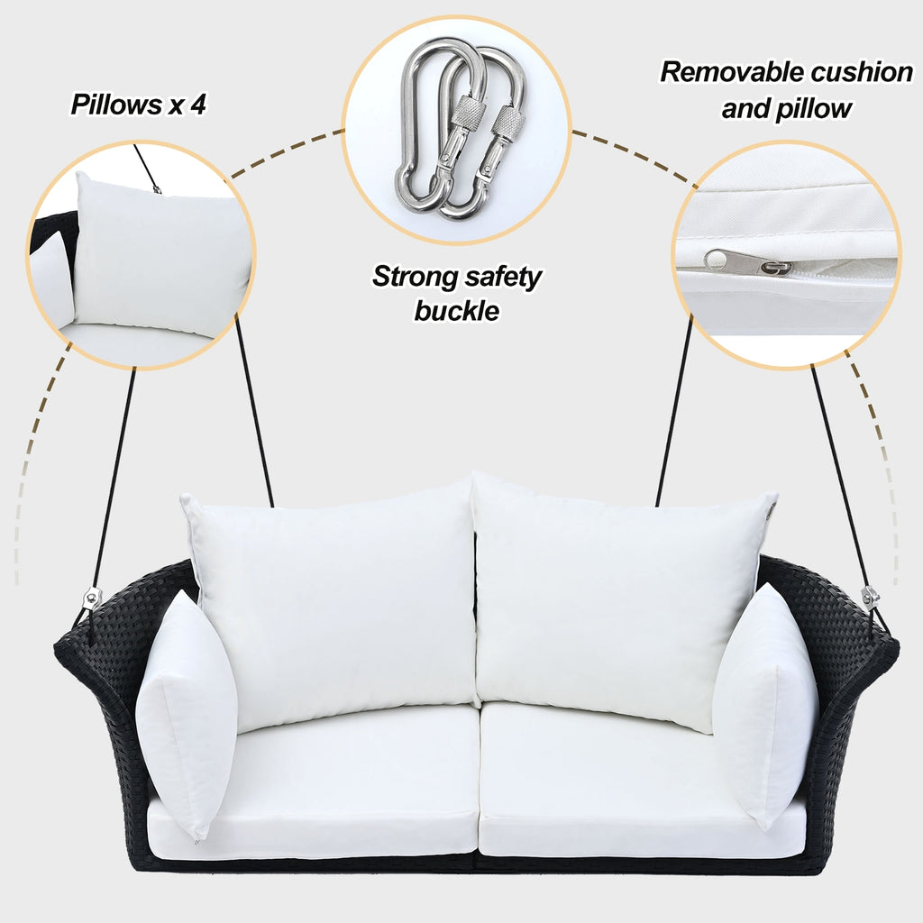 LuneluX_Home – Hanging Rattan Porch Swing for 2 (Black Wicker + White Cushions) - enhanced image 7