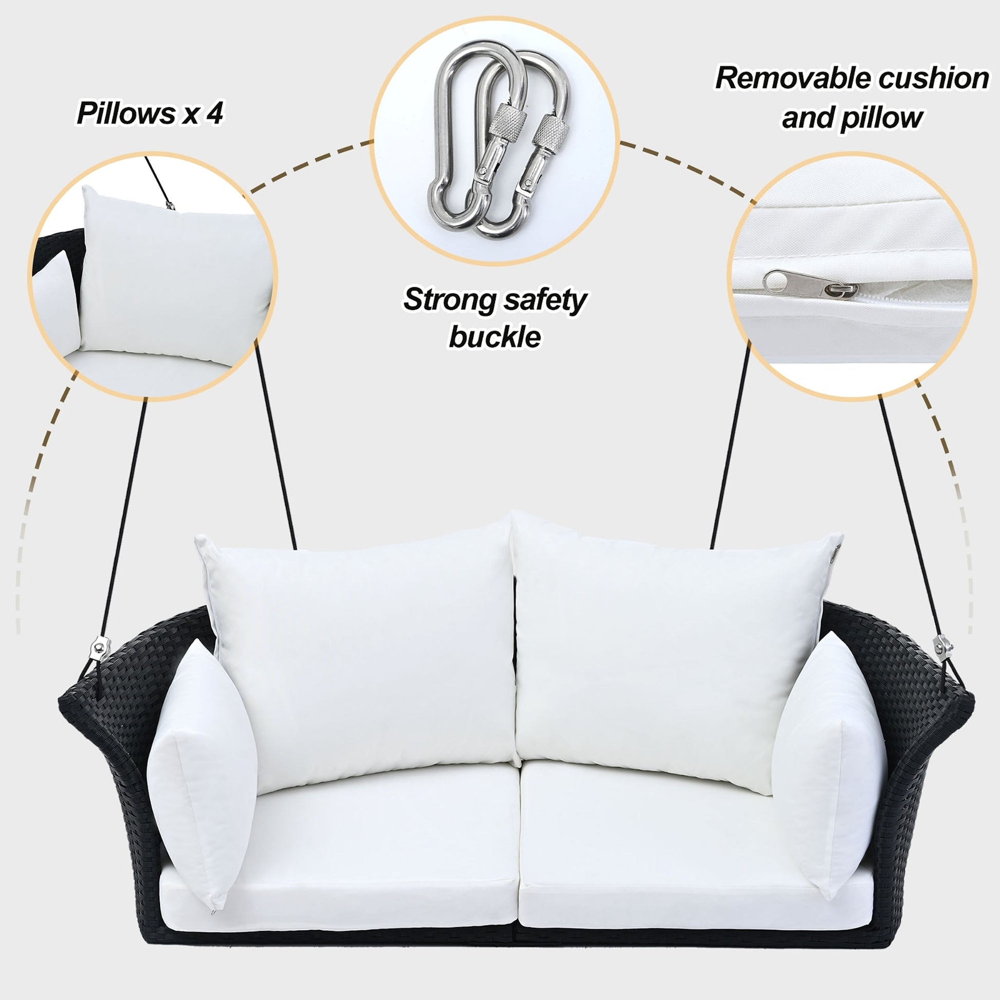 LuneluX_Home – Hanging Rattan Porch Swing for 2 (Black Wicker + White Cushions) - enhanced image 7