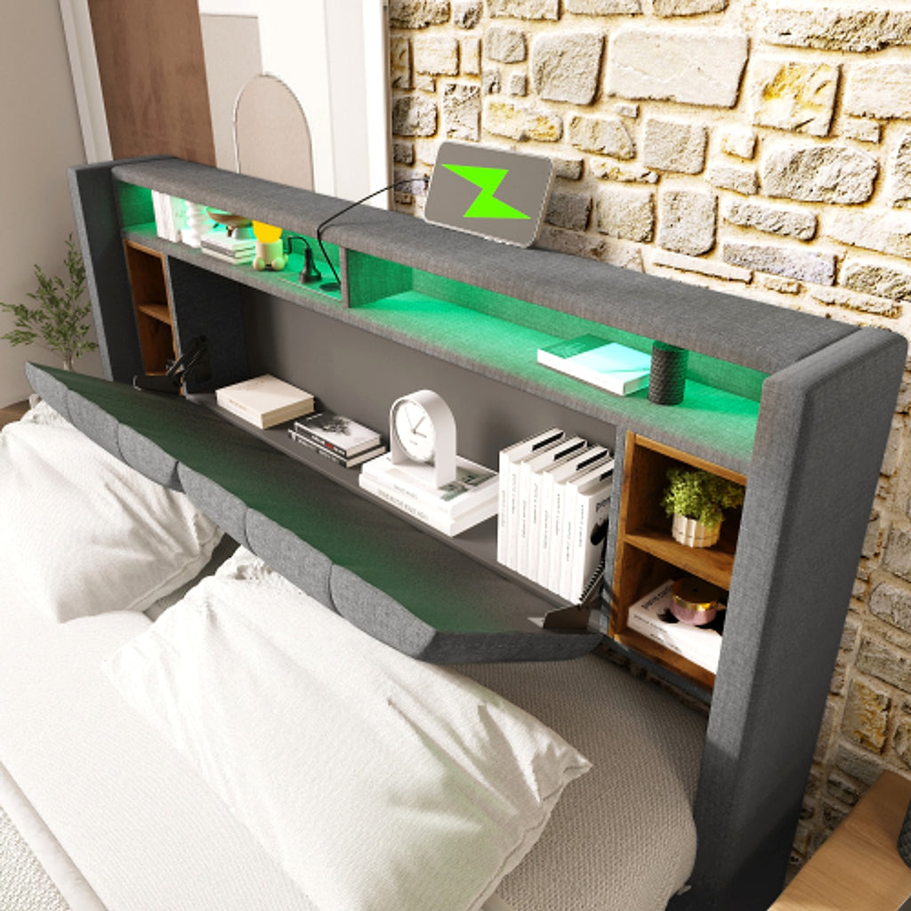 LuneluX_Home – Solid Wood Storage Bed with USB Charging Ports & LED Light (160×200 cm, Gray) - enhanced image 7