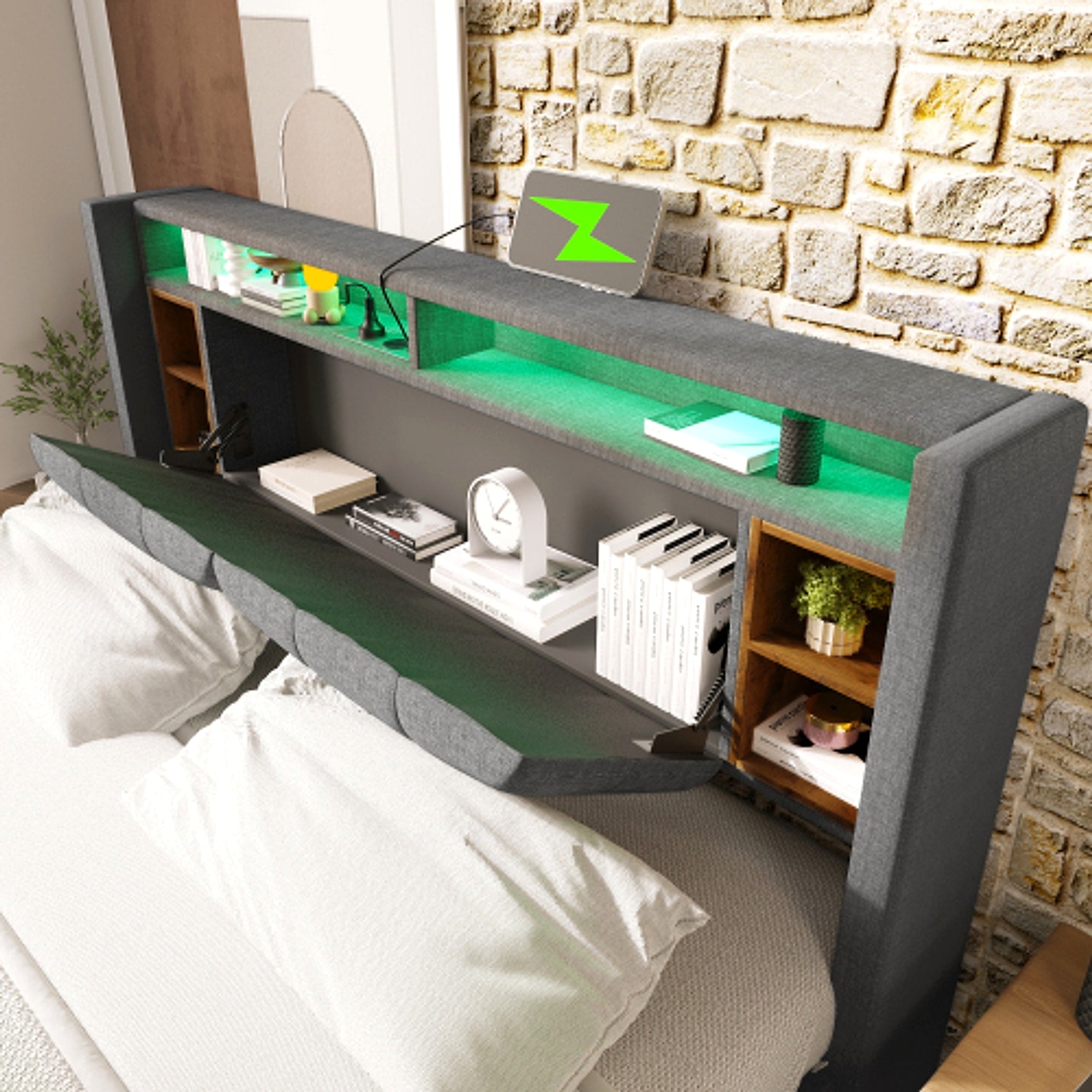 LuneluX_Home – Solid Wood Storage Bed with USB Charging Ports & LED Light (160×200 cm, Gray) - enhanced image 7