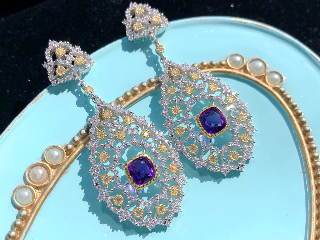 Luxury 925 Silver Plated Natural Amethyst Drop Earrings - enhanced image 7