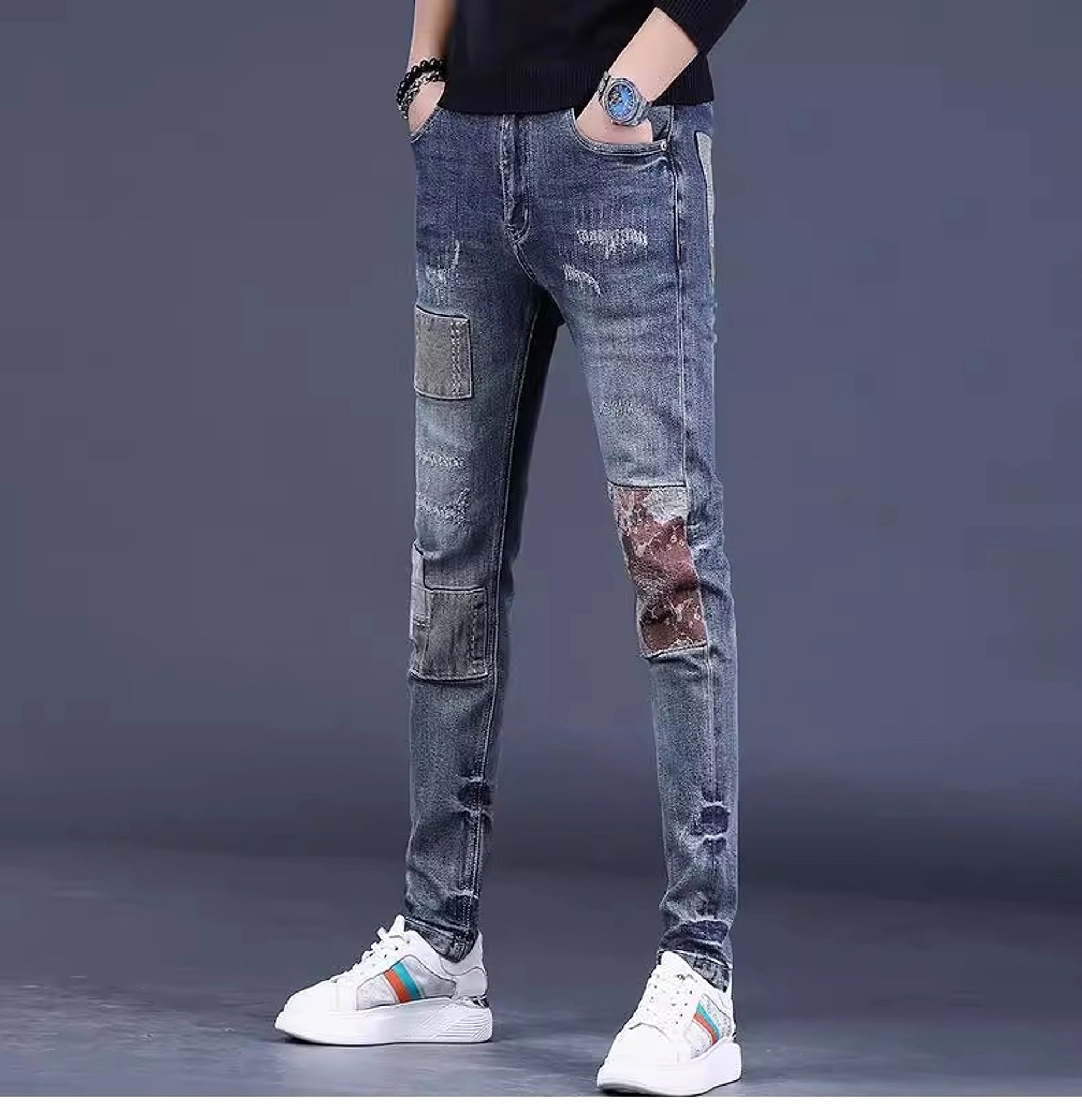 Men's Contrast Color Patch Hole Slim-fit Pants - enhanced image 7