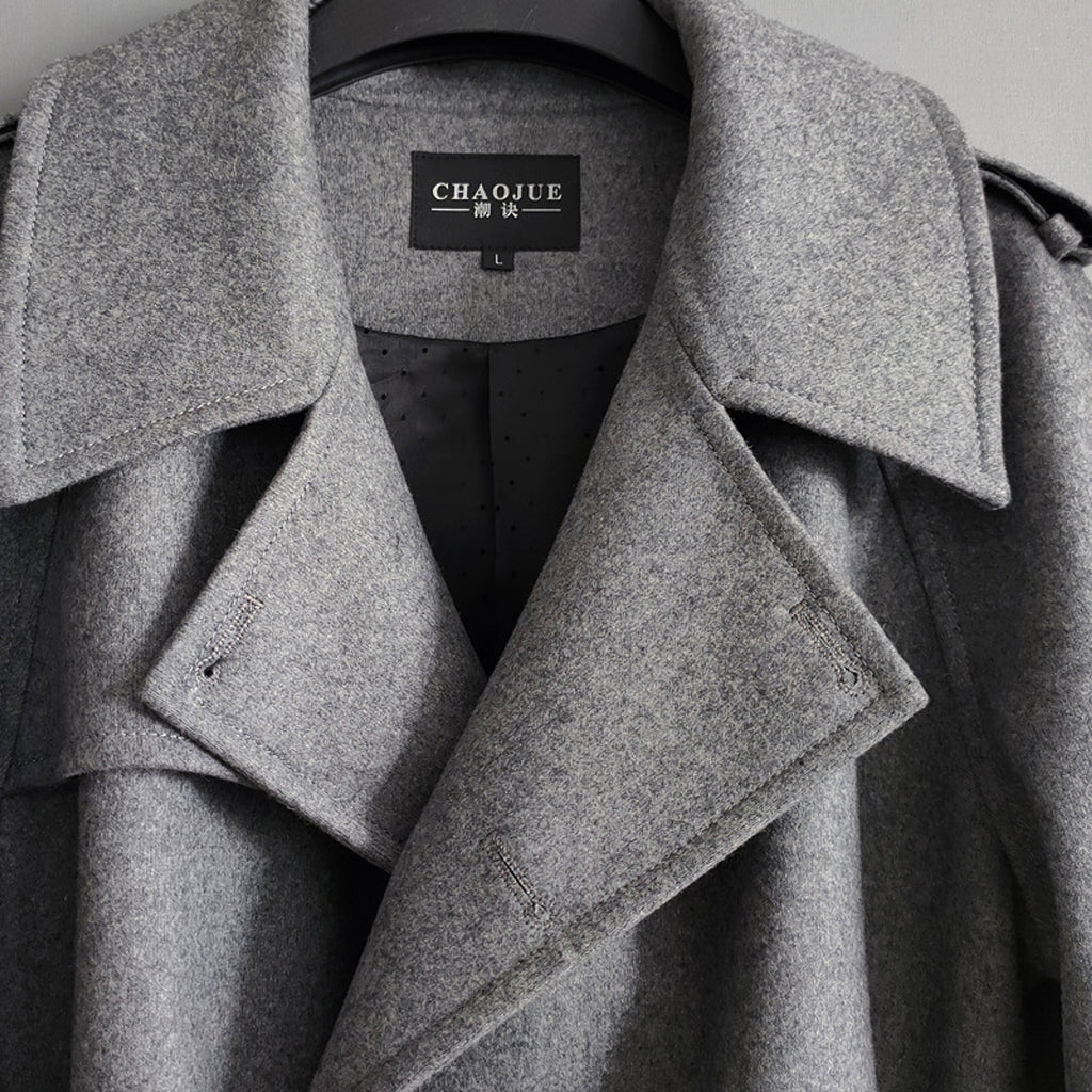 Men's Double Breasted Knee Length Woolen Trench Coat - enhanced image 7
