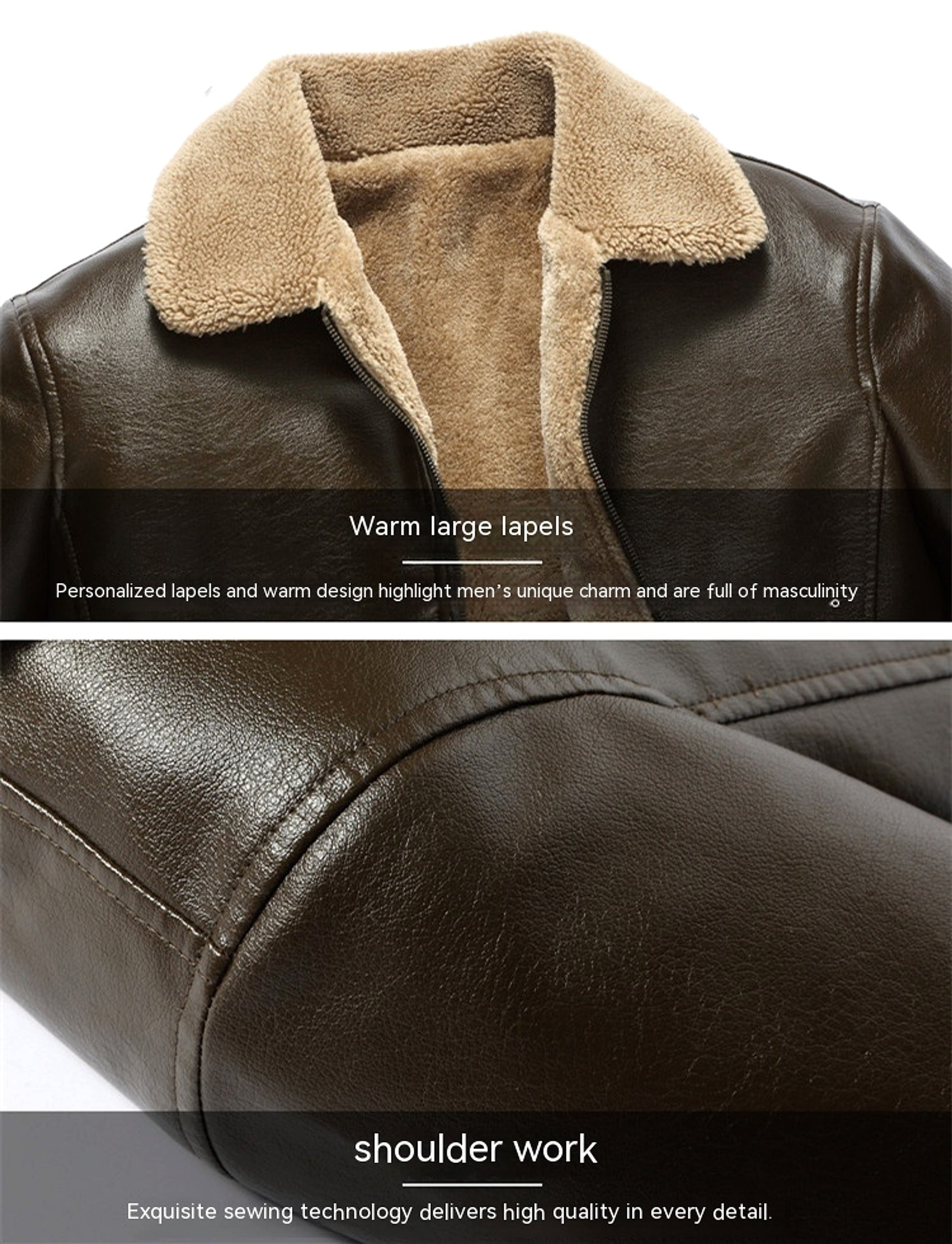 Men's Fashion Casual Polo Collar Fleece-lined Thickened Leather Jacket Coat - enhanced image 7