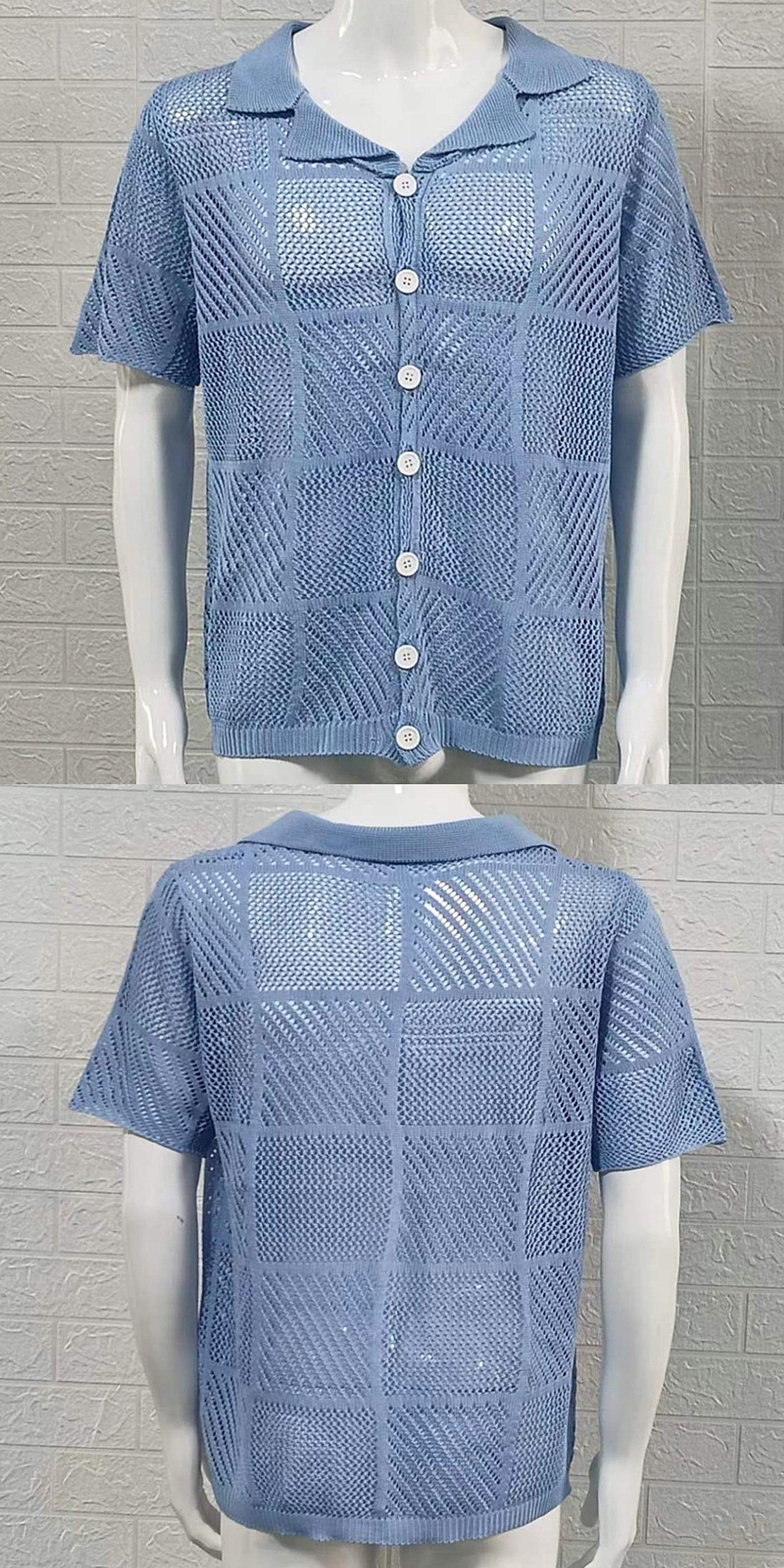 Men's Knit Cardigan Thin Hollow Polo Collar Short Sleeve Top - enhanced image 7
