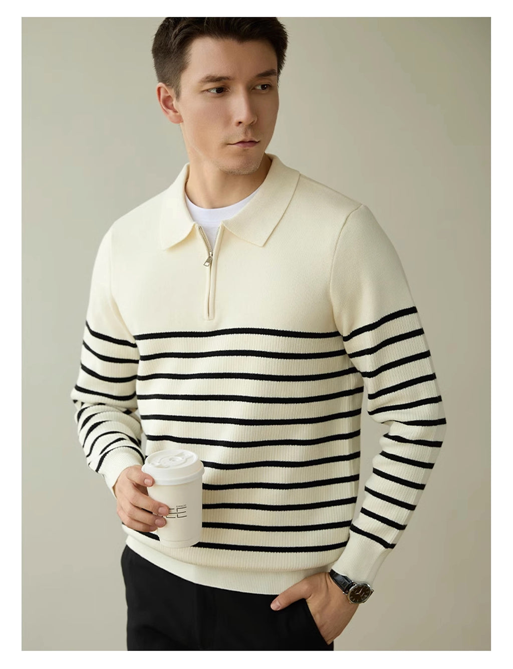 Men's Spring And Autumn New Half Zipper Striped Business Casual Sweater - enhanced image 7