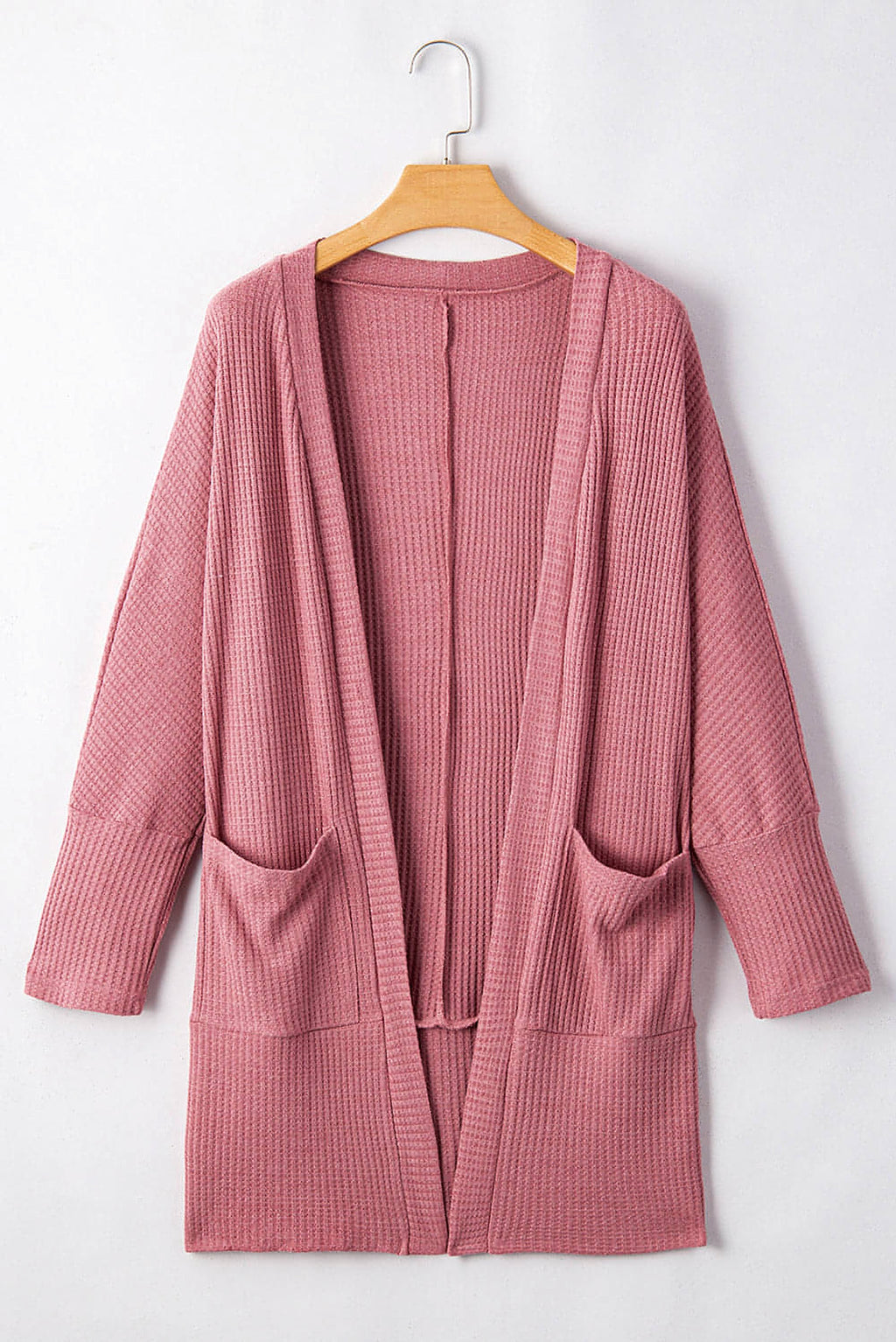 Mineral Red Solid Color Waffle Knit Cardigan with Pocket - enhanced image 7