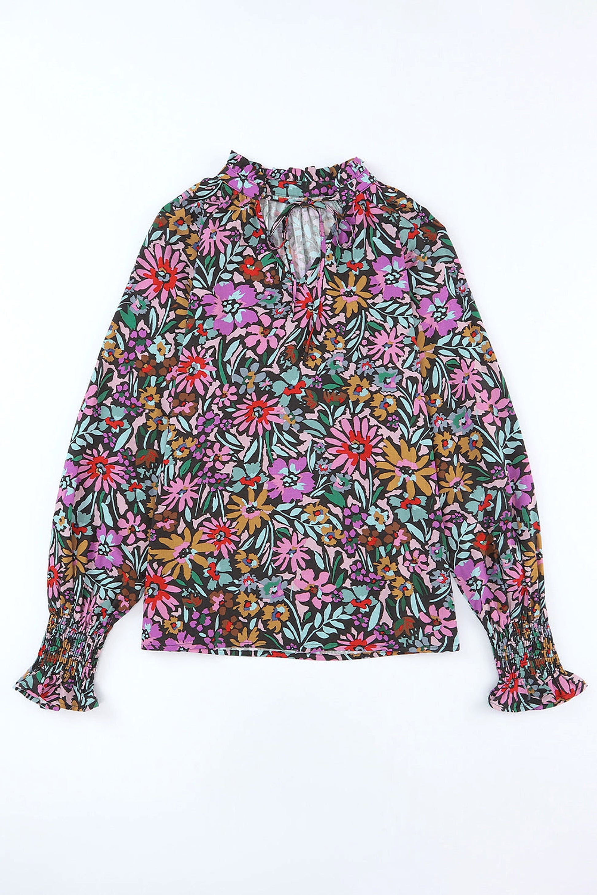 Multicolor Floral Print Ruffled Long Sleeve V-Neck Blouse - enhanced image 7