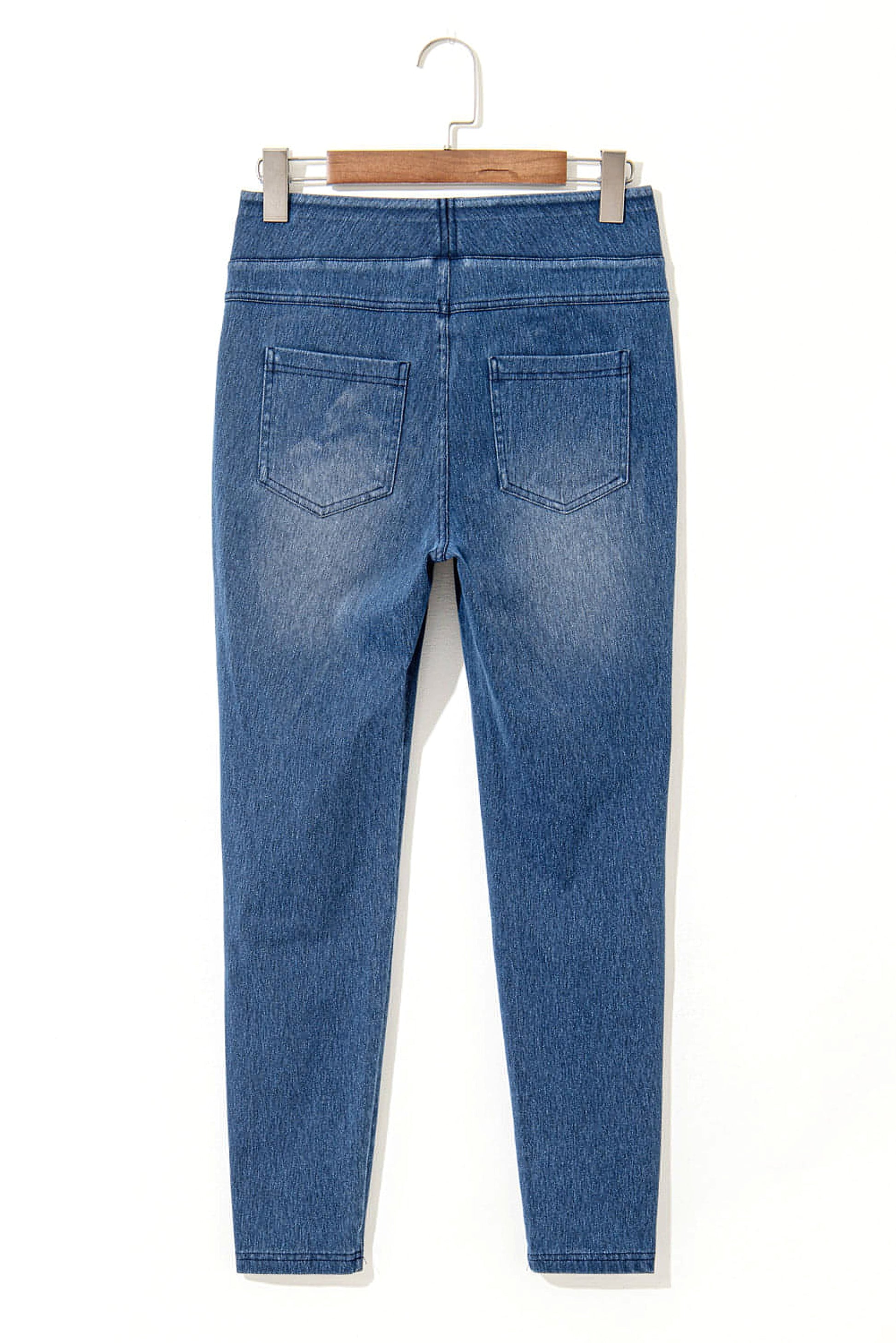 Navy Blue Skinny Elastic Waist Ankle Length Mid Waist Jeggings with Pockets - enhanced image 7