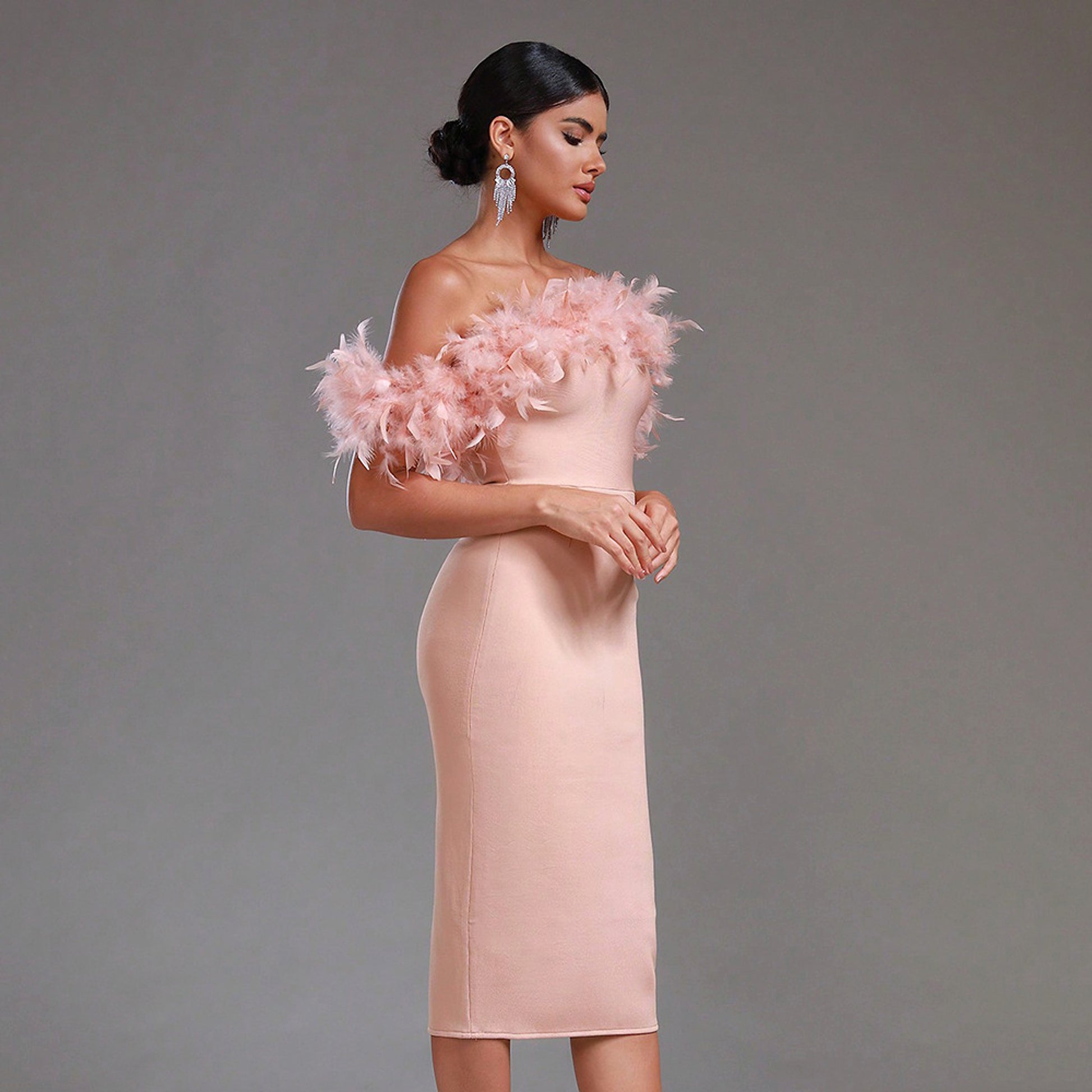 Off-neck Feather Women's Dress - enhanced image 7
