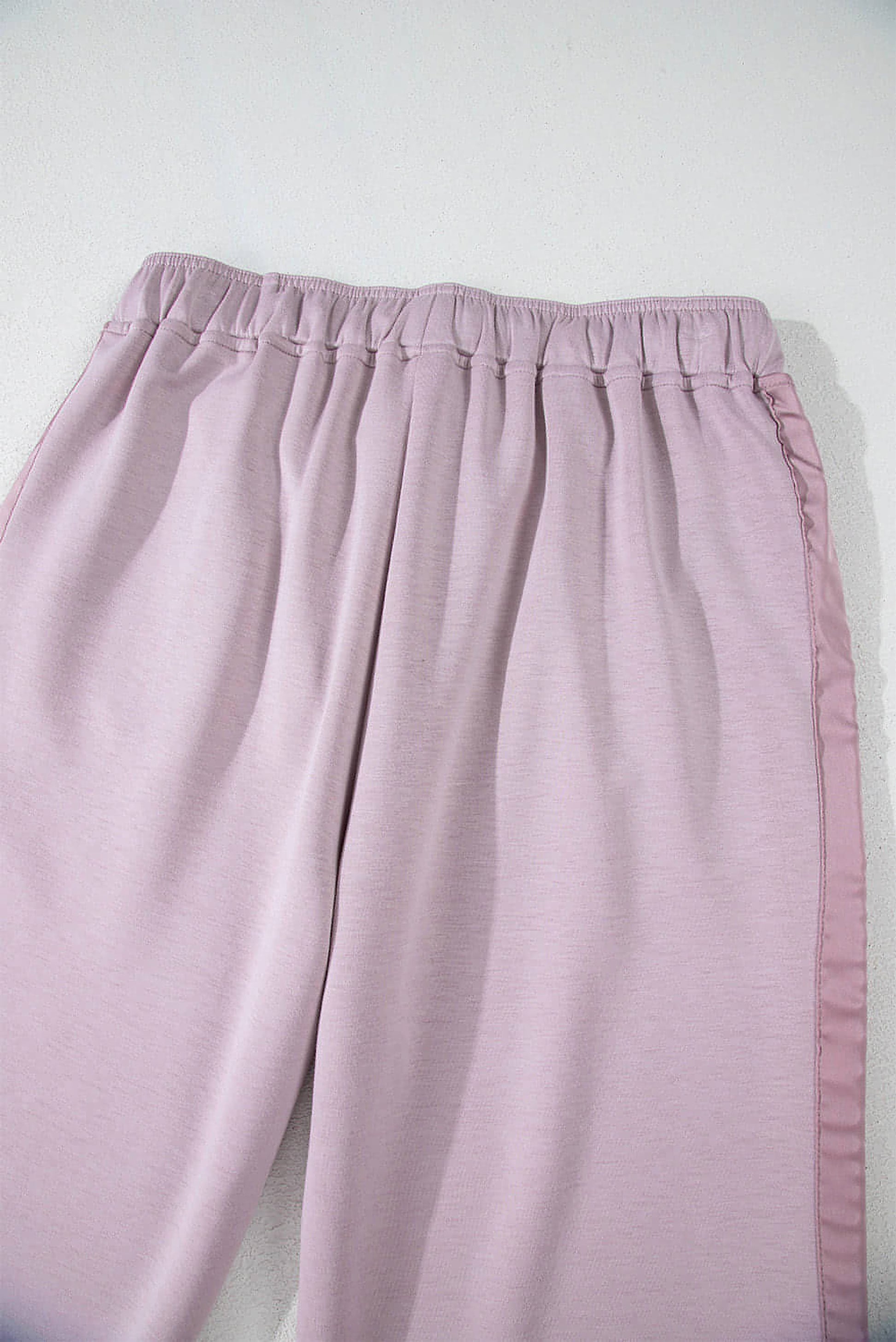 Orchid Petal Drawstring Waist Satin Stripe Patch Straight Leg High Waist Pants - enhanced image 7