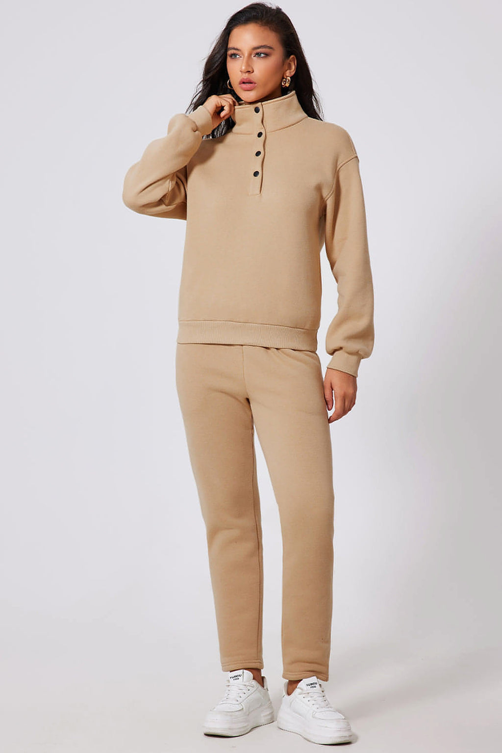 Parchment Solid Half Button Sweatshirt and High Waist Sweatpants Set - enhanced image 7
