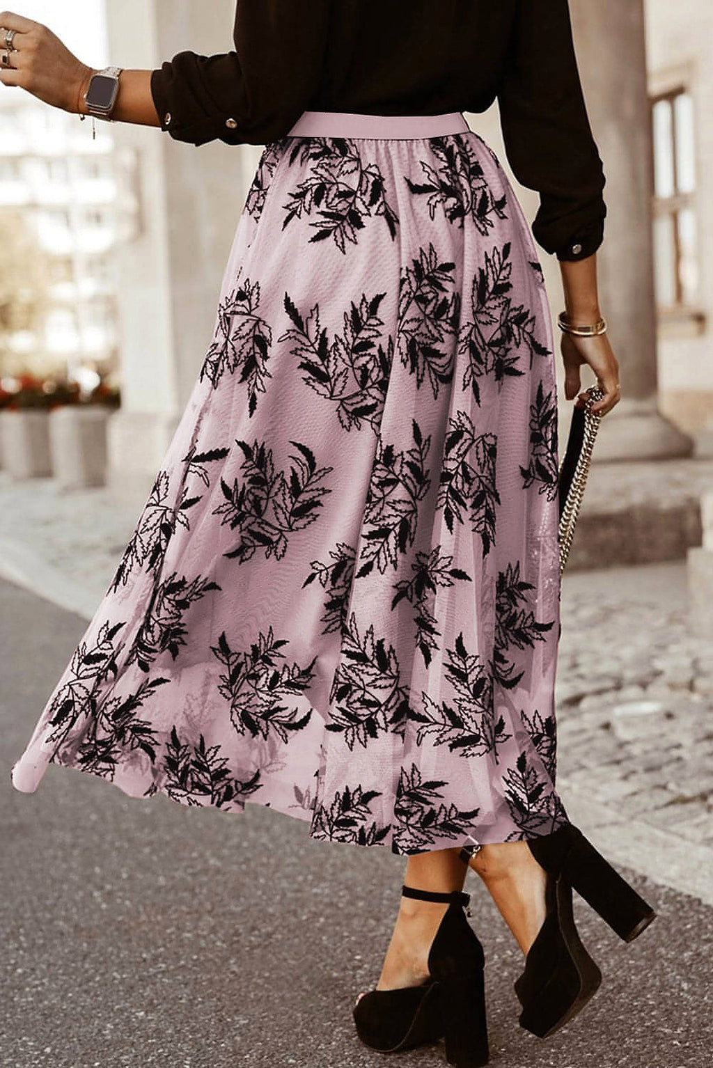 Peach Blossom Floral Leaves Embroidered High Waist Maxi Skirt - enhanced image 7