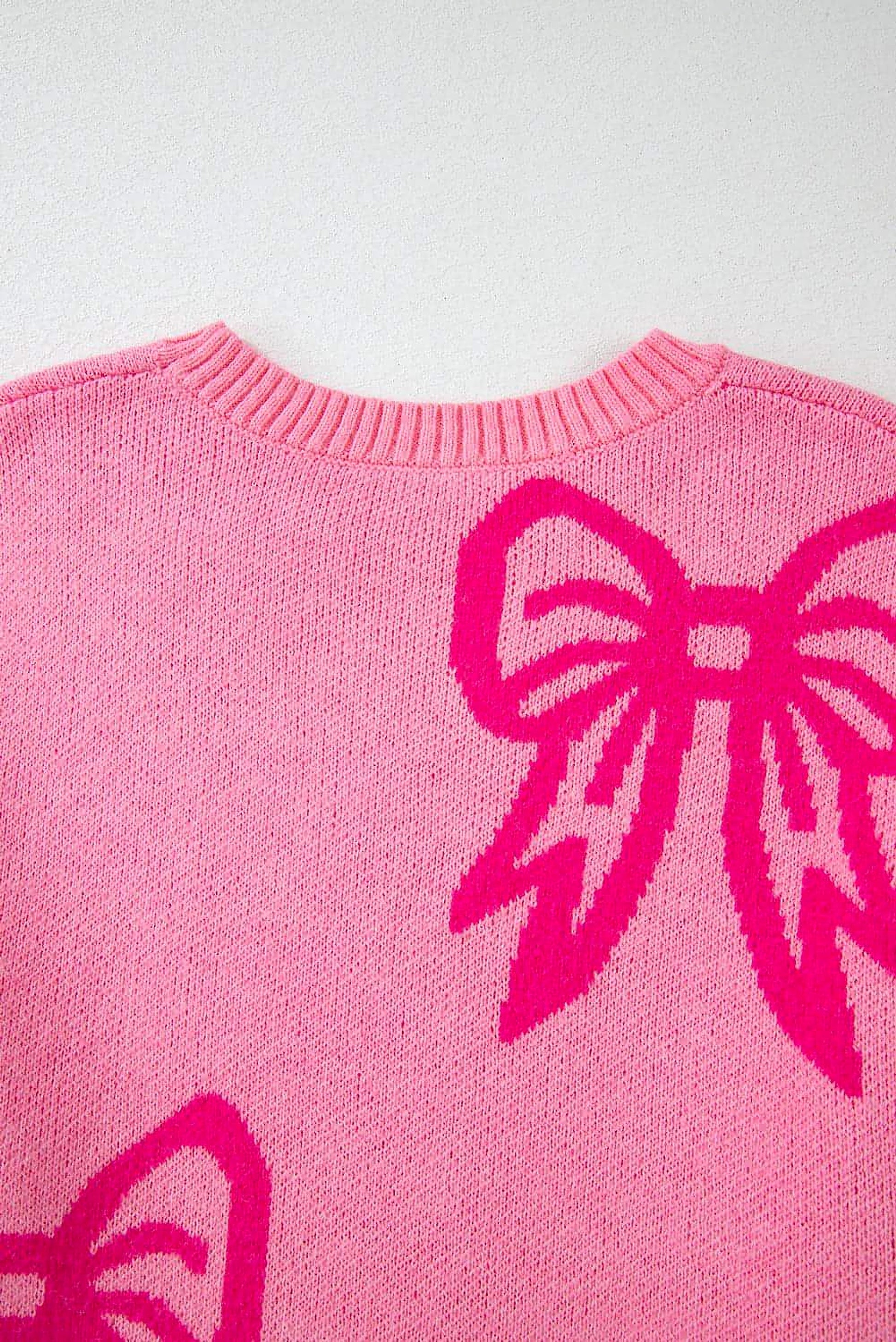 Pink Bow Pattern Drop Shoulder Loose Sweater - enhanced image 7