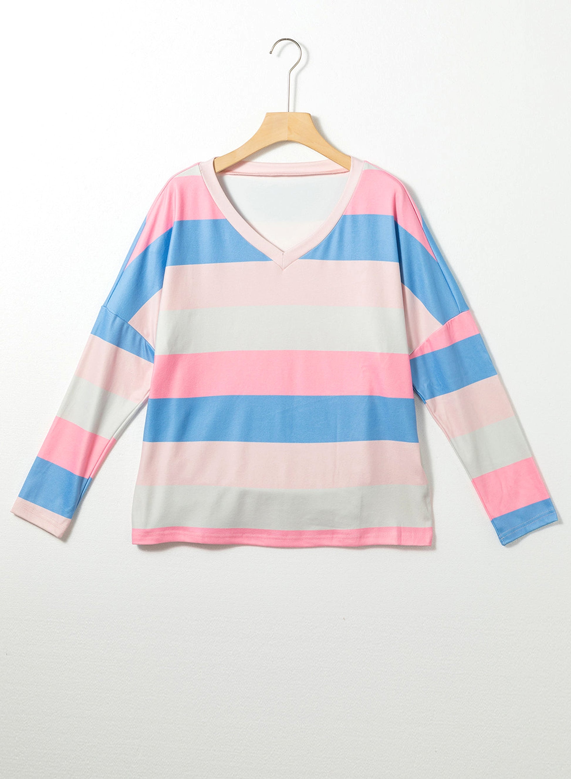 Pink Contrast Striped V Neck Long Sleeve Top - enhanced image 7