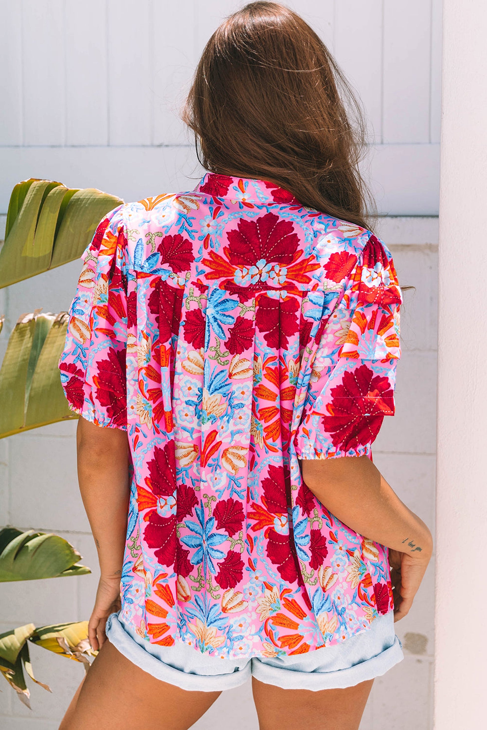 Pink Floral Print Bubble Sleeve Button Up Pleated Shirt - enhanced image 7