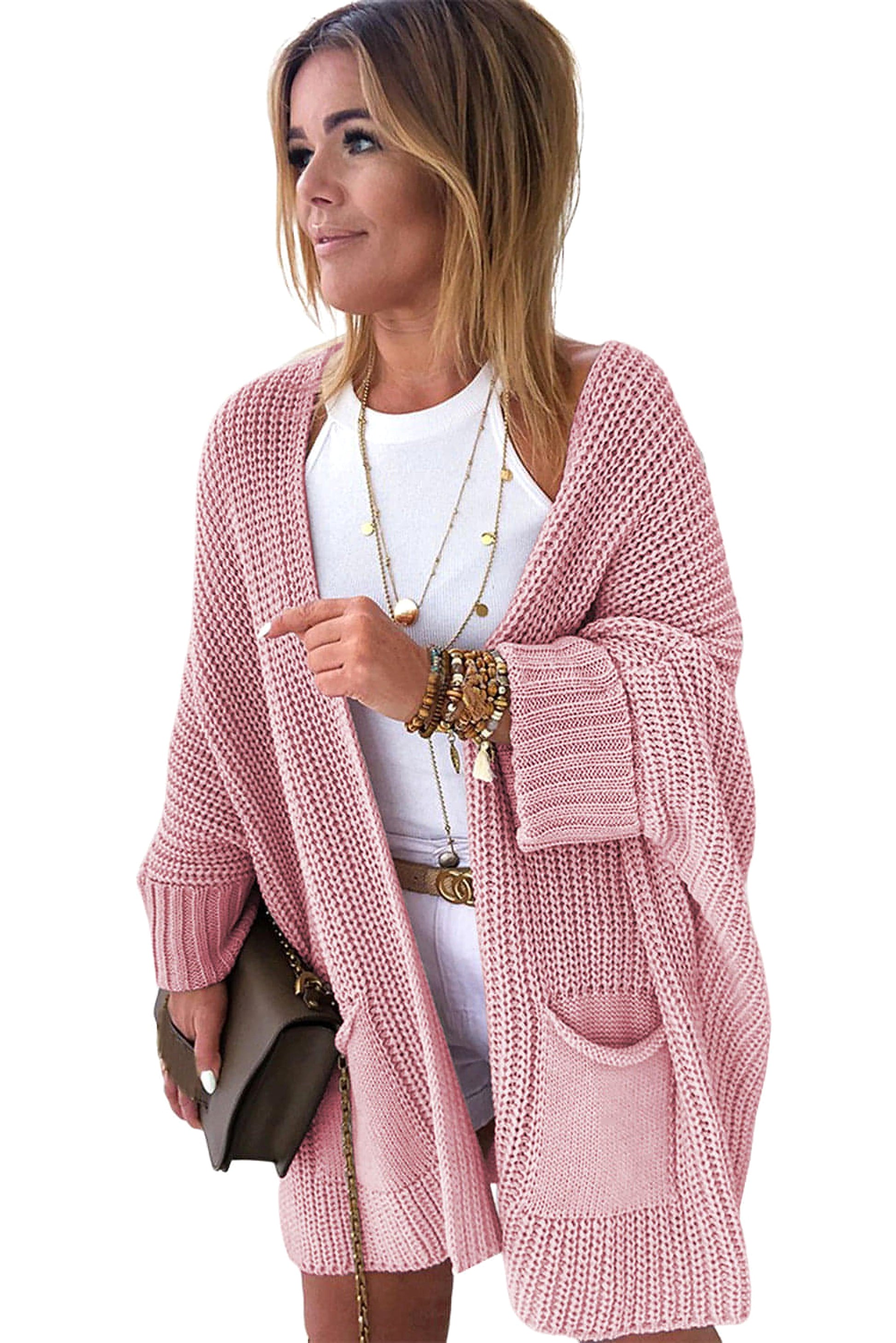 Pink Oversized Fold Over Sleeve Open Front Cardigan - enhanced image 7