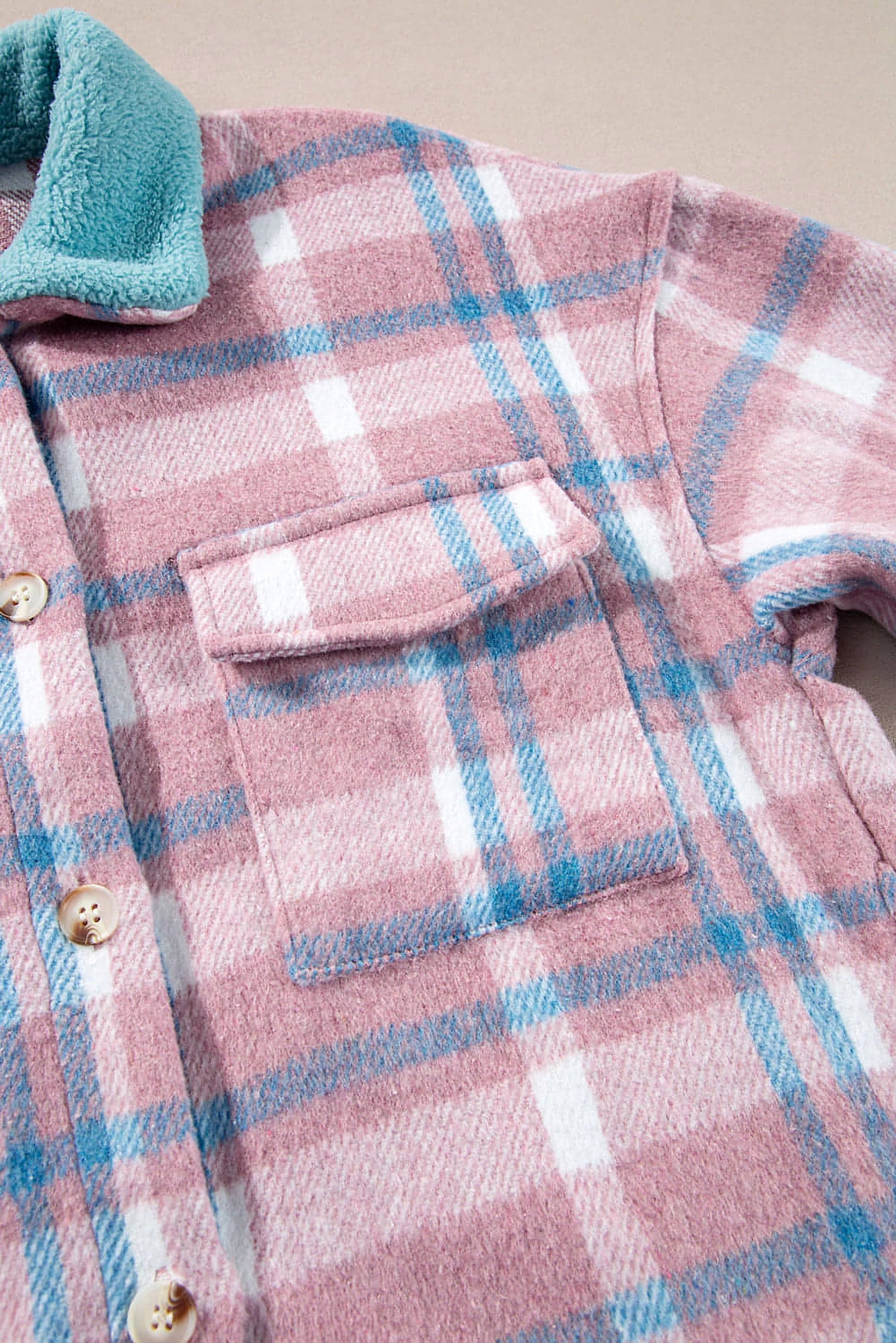Pink Plaid Print Color Block Collared Flap Pockets Loose Shacket - enhanced image 7