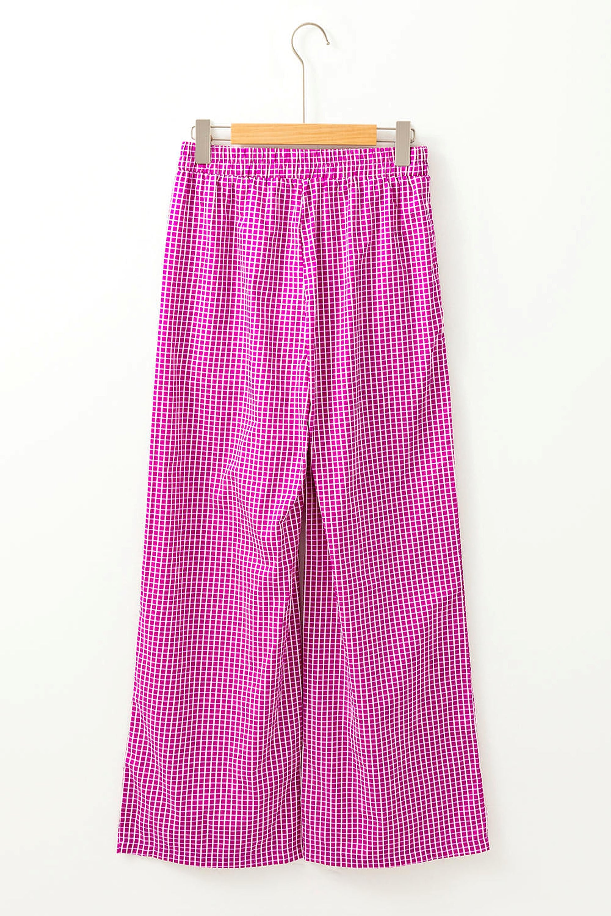 Pink Plaid Print Drawstring High Waist Wide Leg Casual Pants - enhanced image 7