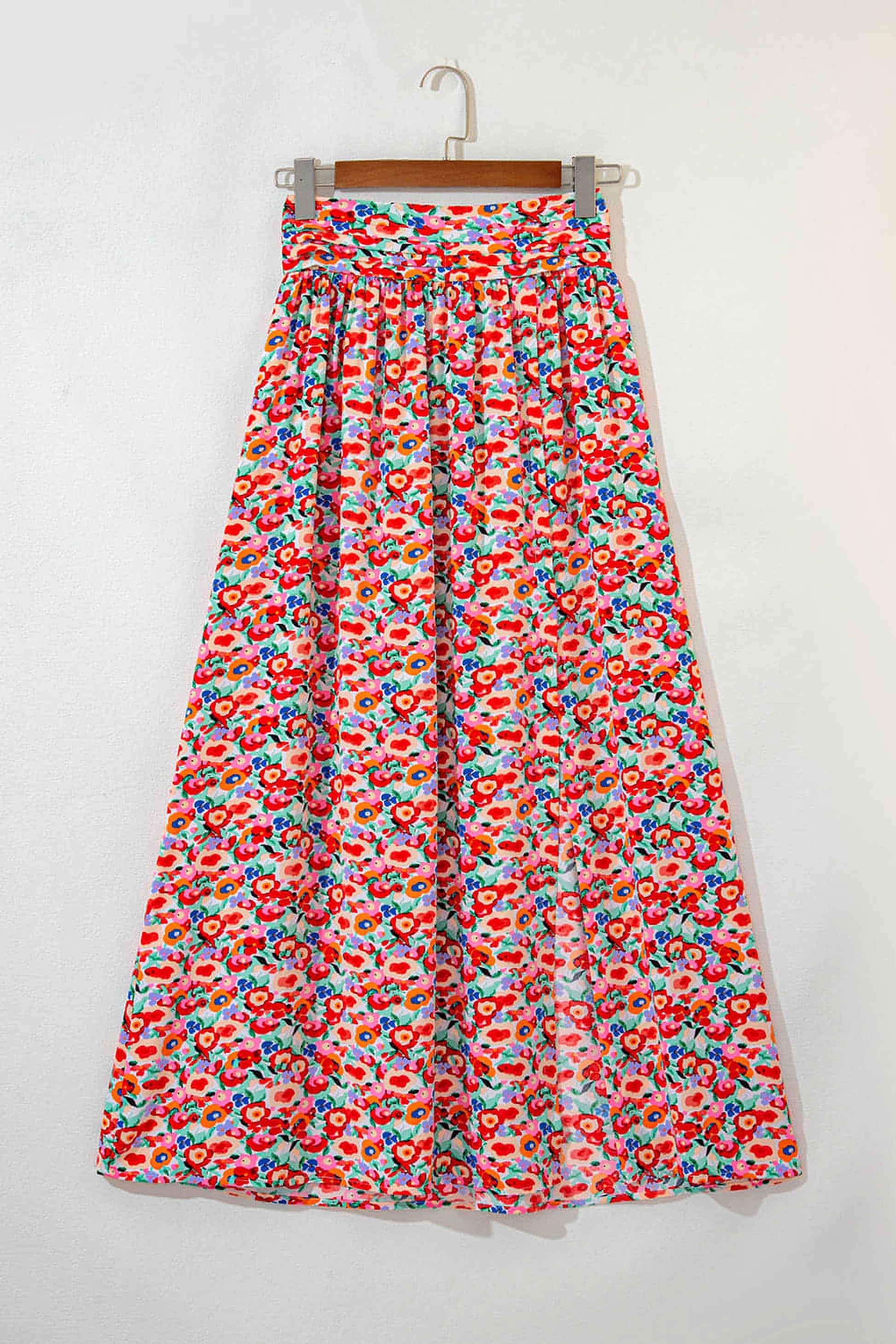 Red Floral Print Wide Waistband Side Slit Maxi Skirt - enhanced image 7