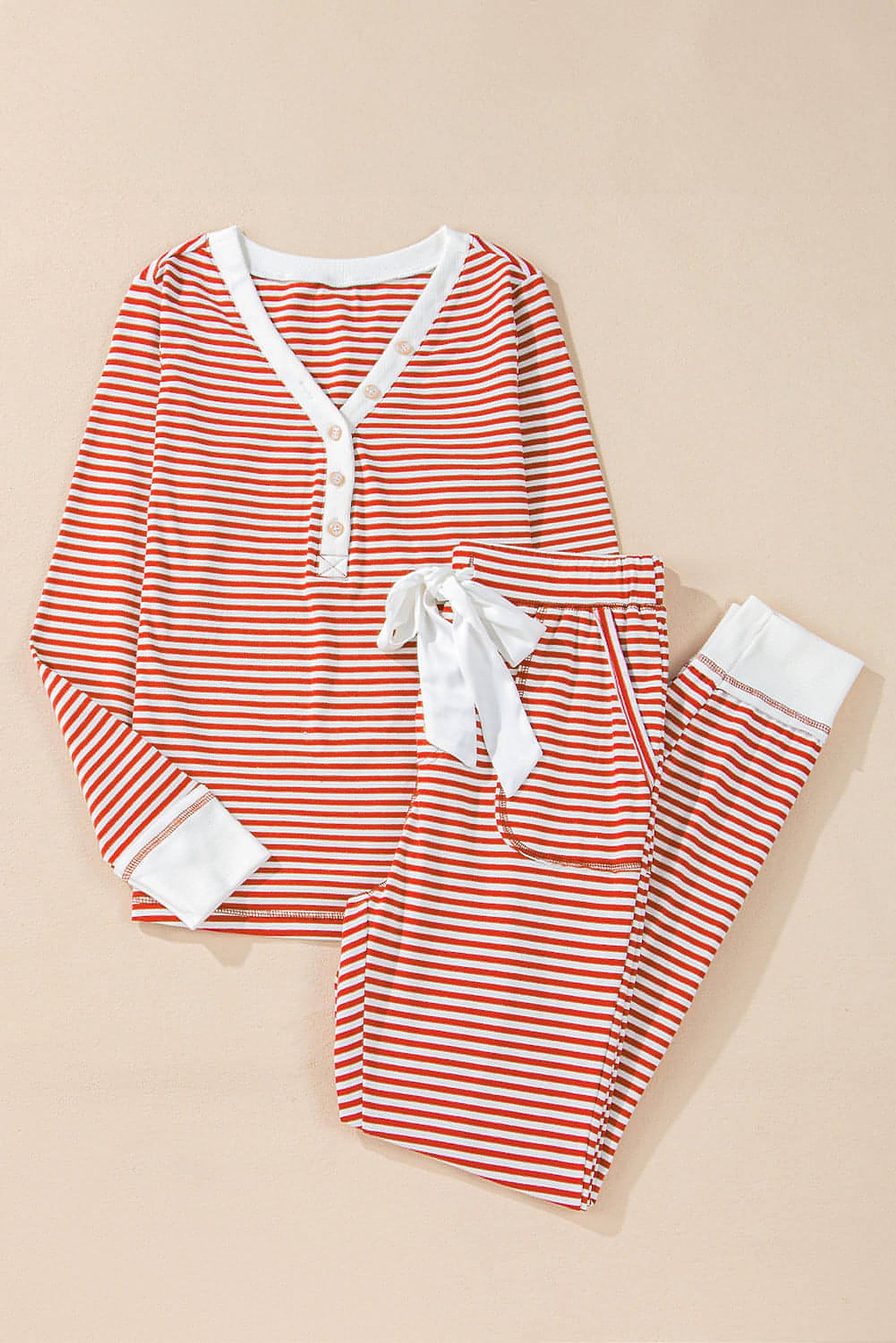 Red Stripe Buttoned V Neck Top and Knotted Waist Pants Lounge Set - enhanced image 7