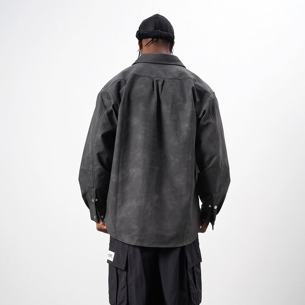 Retro Street Style Washed-out PU Leather DressShirt Men - enhanced image 7