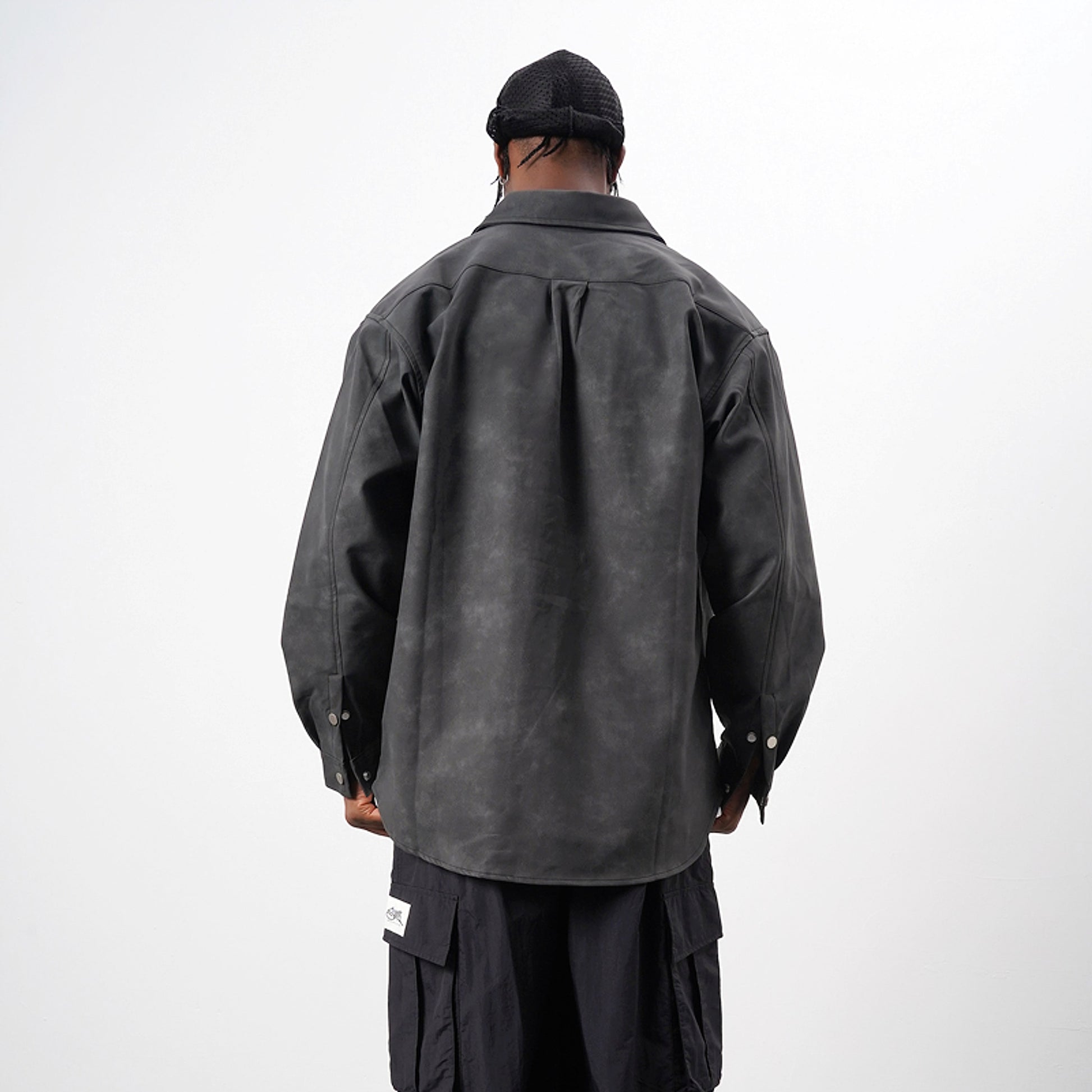 Retro Street Style Washed-out PU Leather DressShirt Men - enhanced image 7