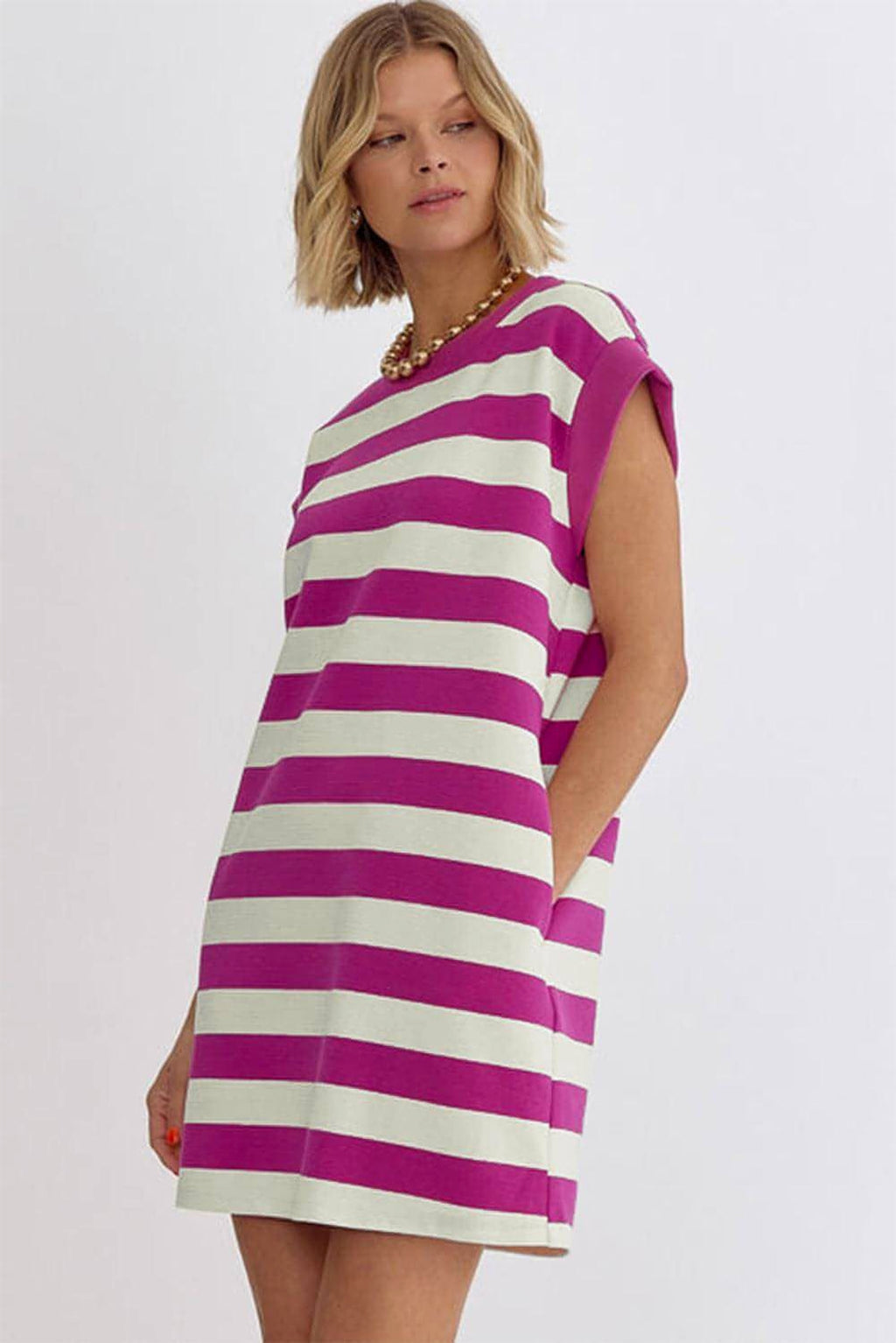 Rose Stripe Cap Sleeve Pocketed Shift T-shirt Dress - enhanced image 7
