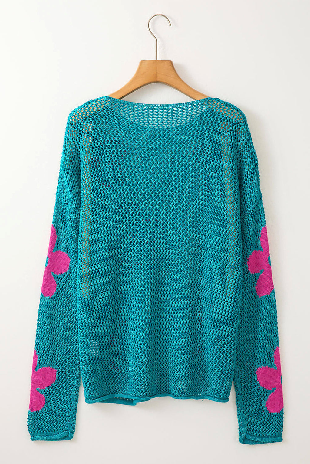 Sea Green Big Flower Hollowed Knit Drop Shoulder Sweater - enhanced image 7