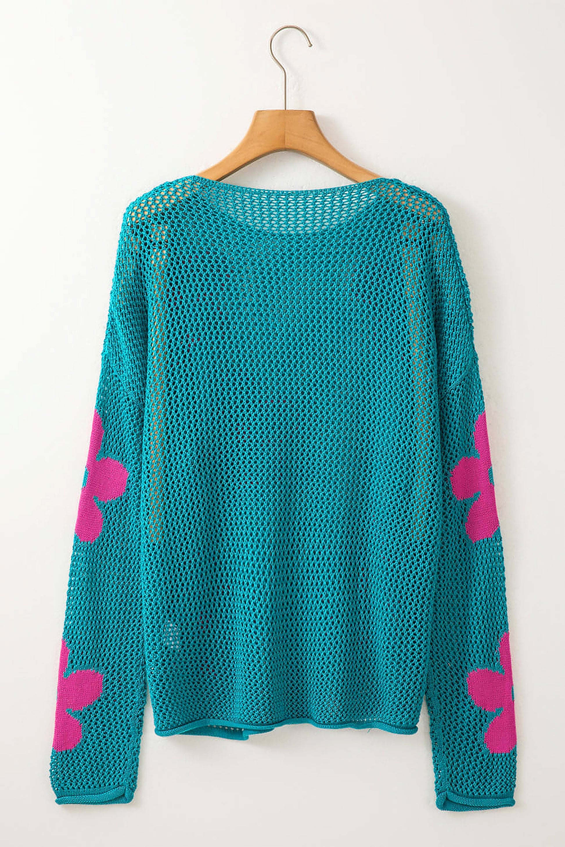 Sea Green Big Flower Hollowed Knit Drop Shoulder Sweater - enhanced image 7