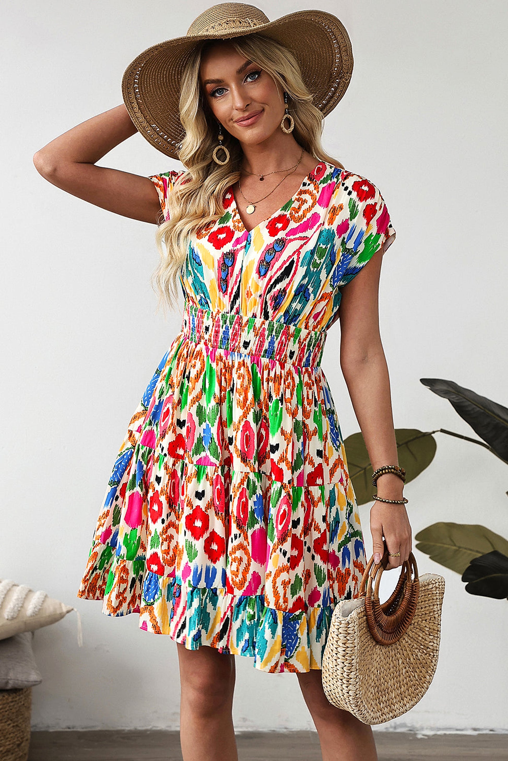 Sky Blue Abstract Print V Neck Dolman Sleeve Ruffle Tiered Mini Dress - enhanced image 7