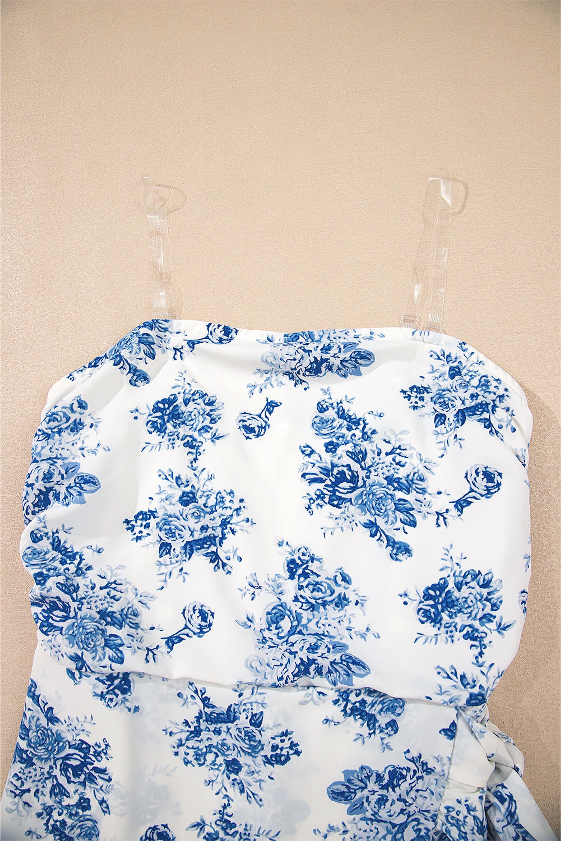 Sky Blue Floral Print Strapless Zipped Back Knot Waist Ruffled Romper - enhanced image 7