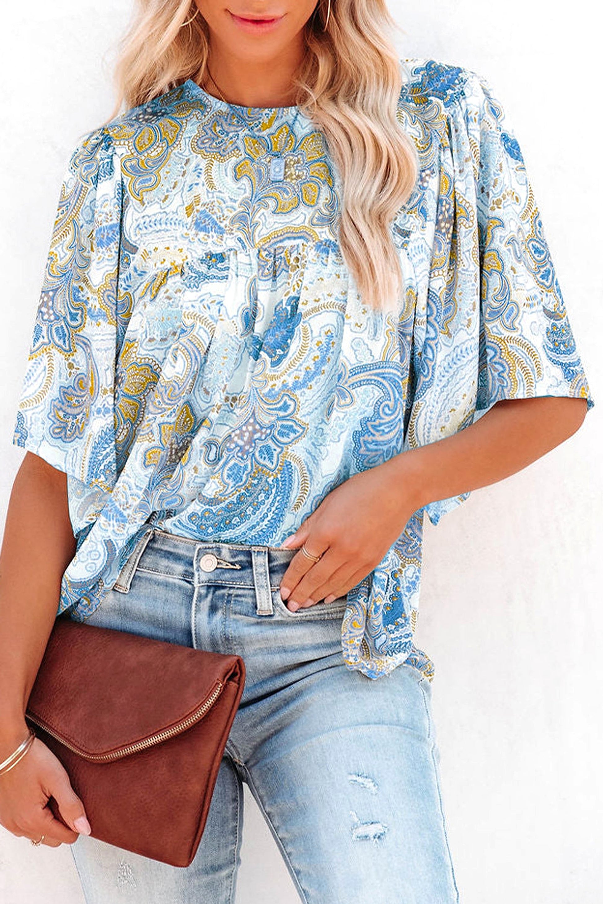 Sky Blue Paisley Print Wide Sleeves Loose Blouse - enhanced image 7