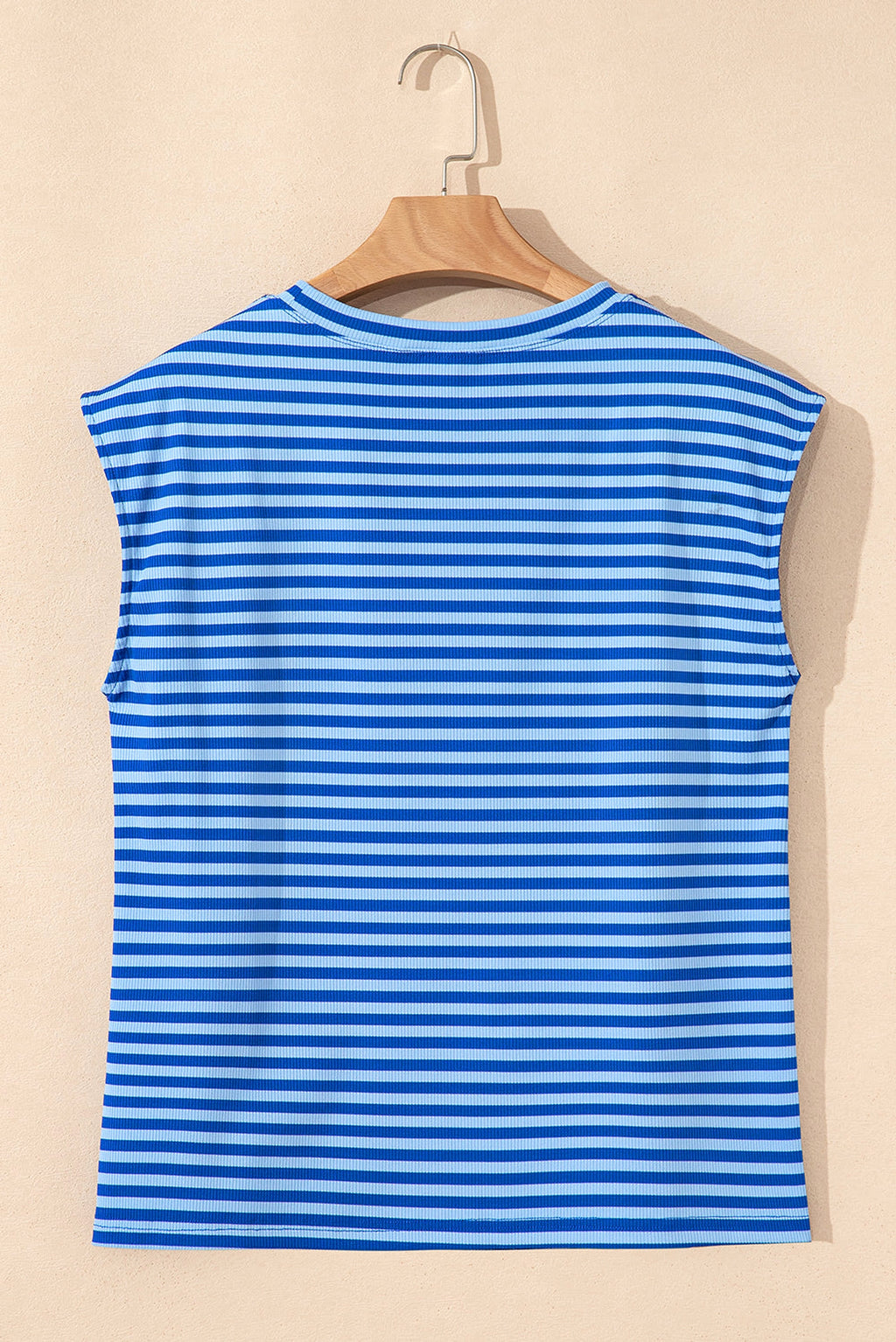 Sky Blue Stripe Ribbed Cap Sleeve Round Neck T Shirt - enhanced image 7