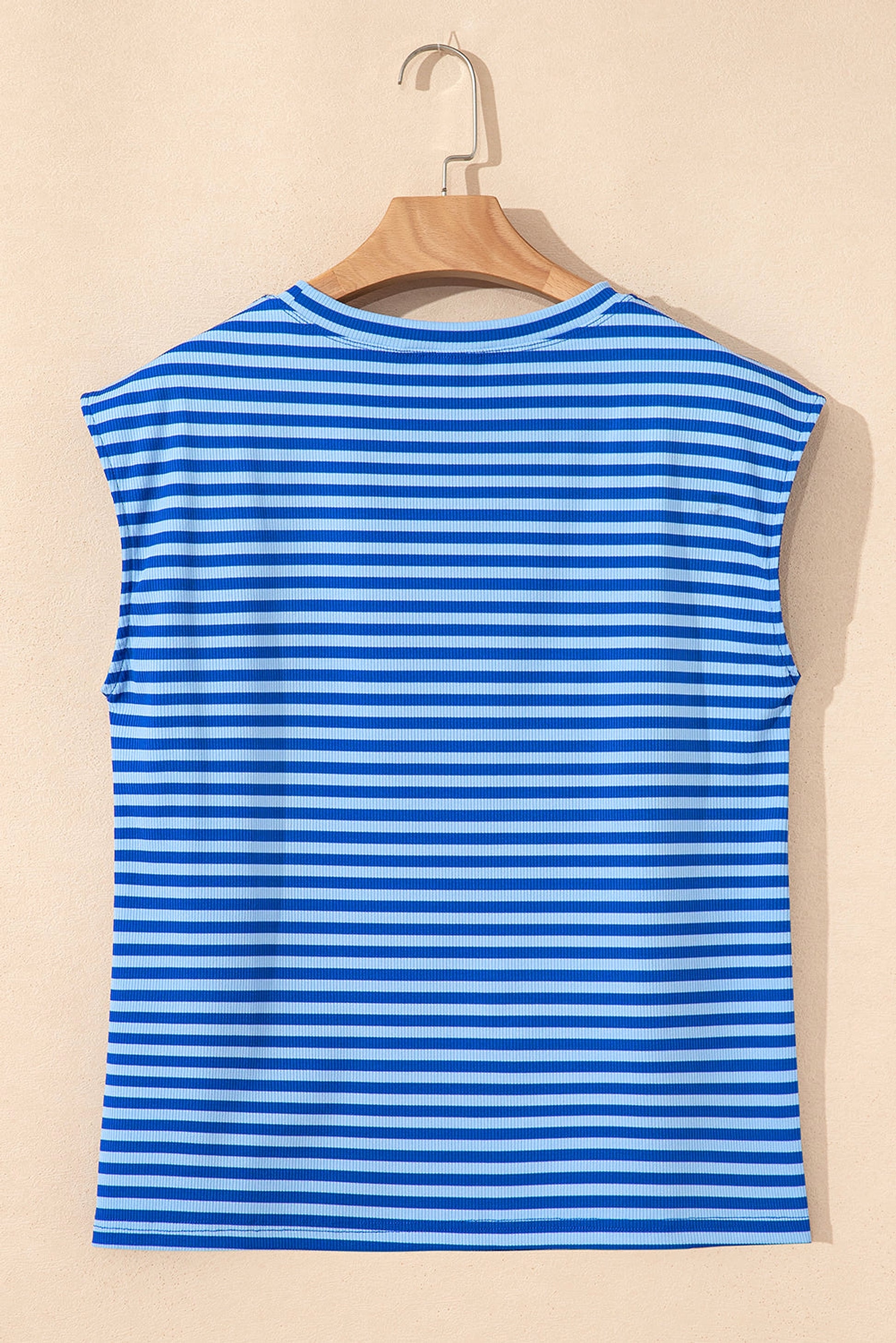 Sky Blue Stripe Ribbed Cap Sleeve Round Neck T Shirt - enhanced image 7