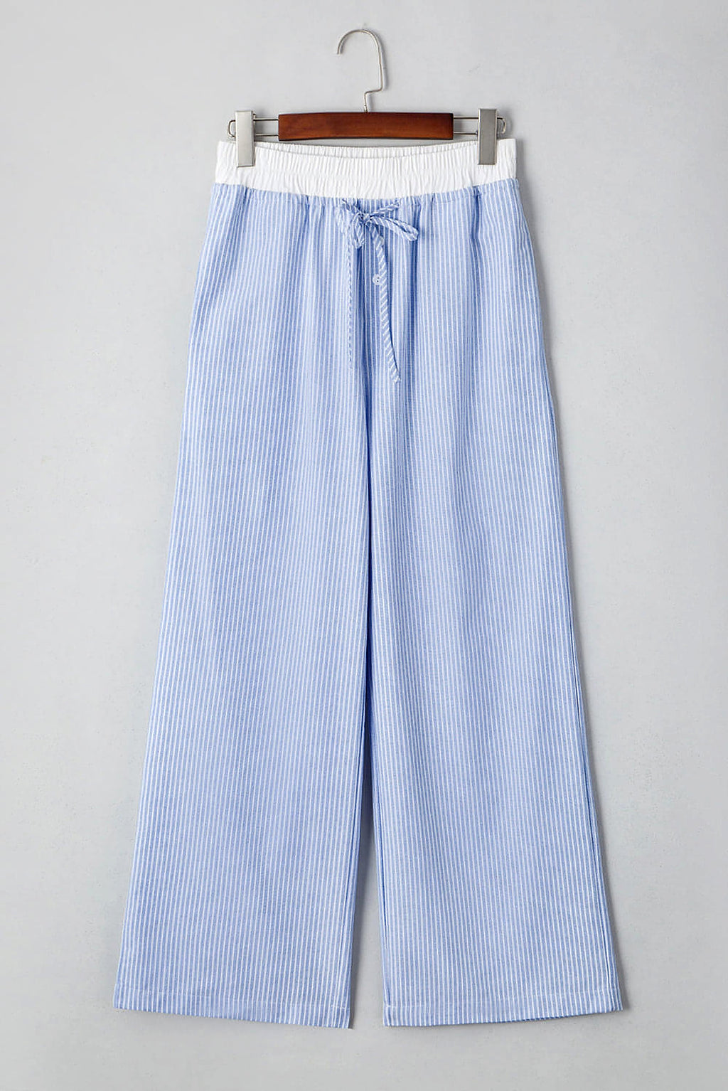 Sky Blue Stripe Wide Leg Buttoned Lace up Elastic High Waist Pants - enhanced image 7