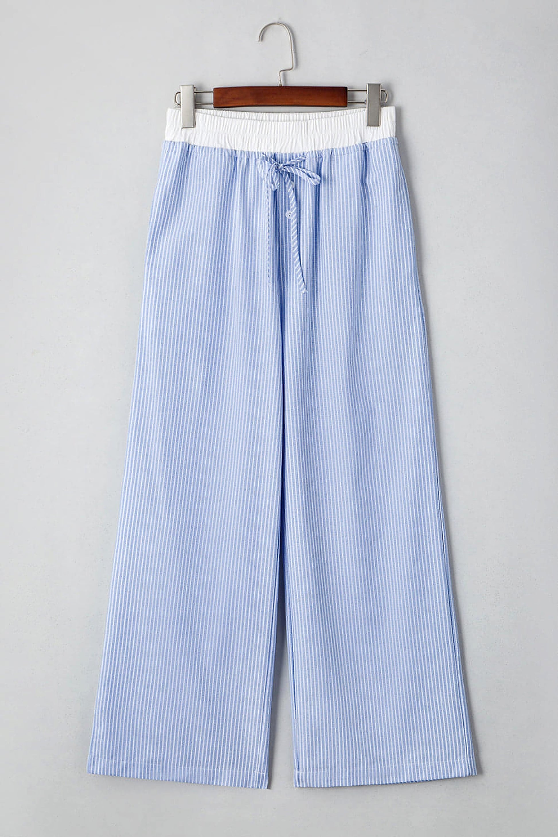 Sky Blue Stripe Wide Leg Buttoned Lace up Elastic High Waist Pants - enhanced image 7