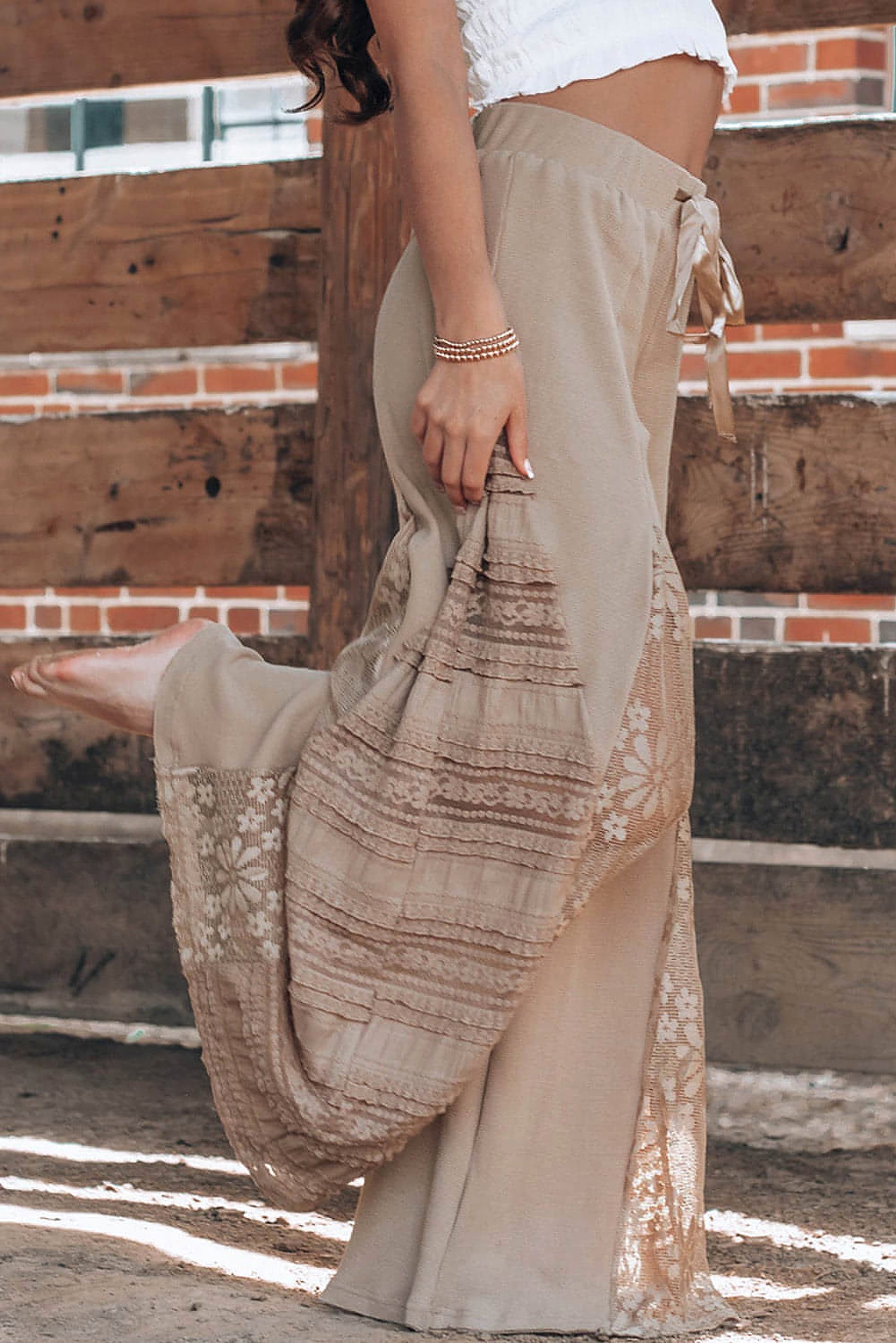 Smoke Gray Boho Lace Patchwork Wide Leg High Waist Pants - enhanced image 7
