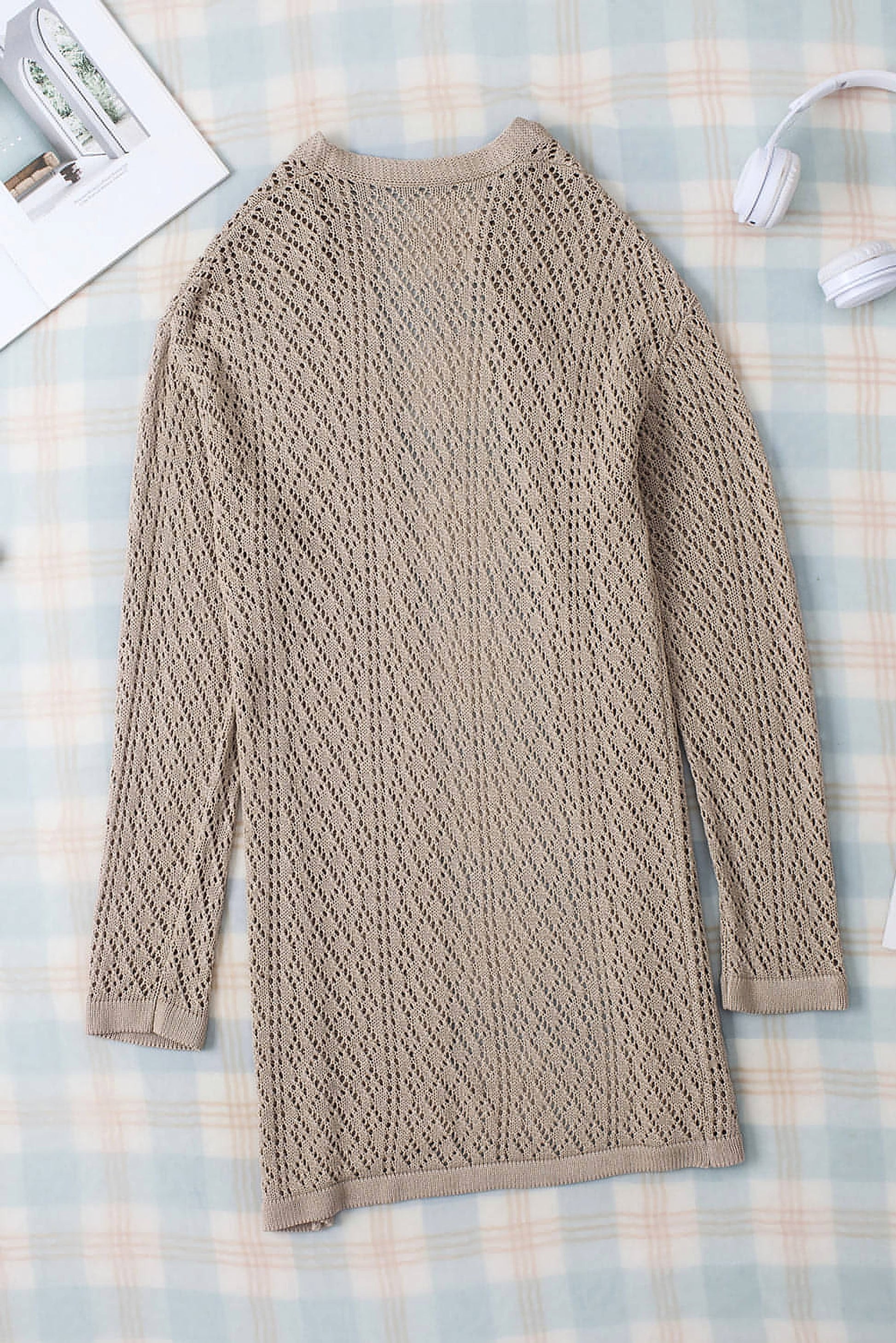 Smoke Gray Solid Color Pointelle Knit Open Front Cardigan - enhanced image 7