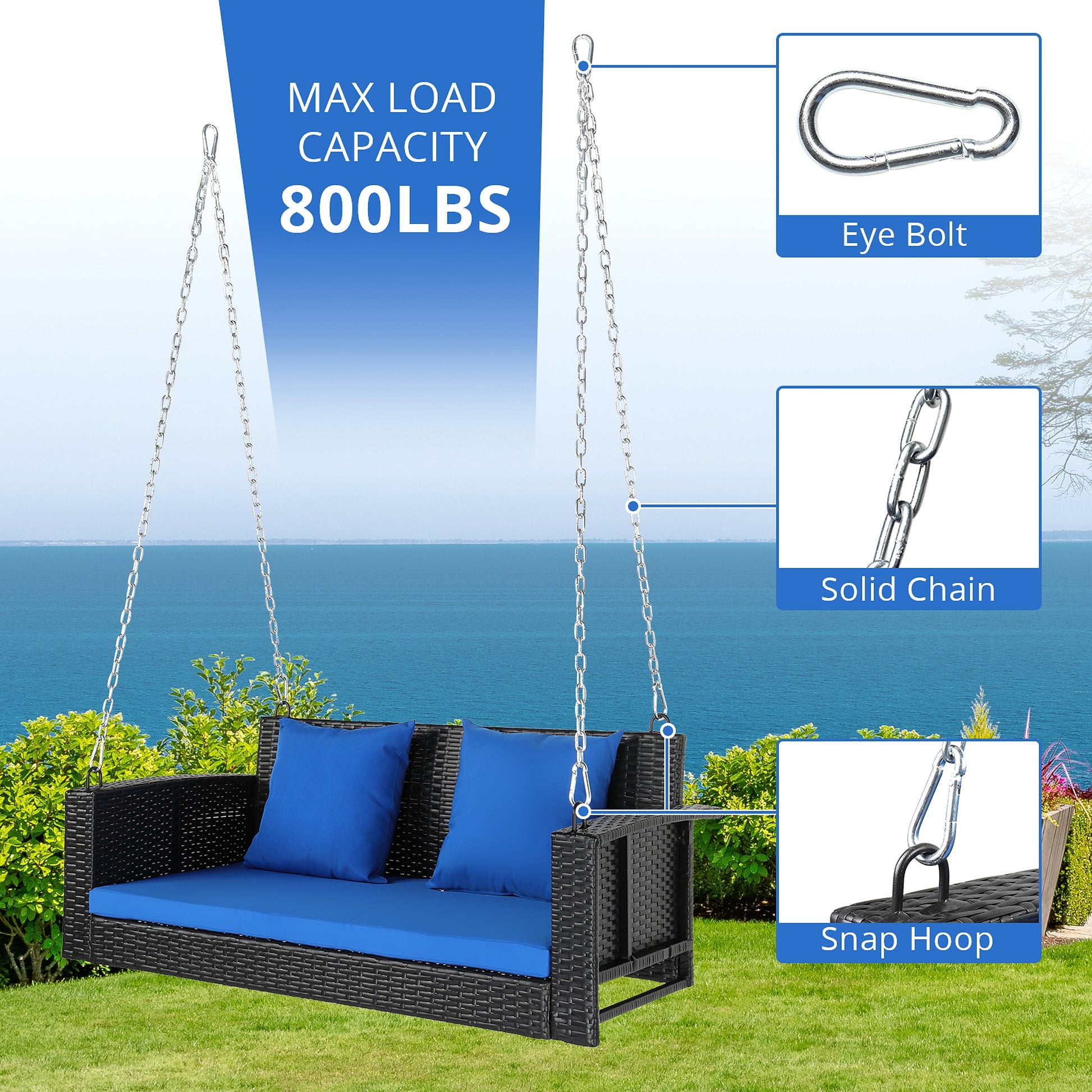 SolunaSwing™ – 4ft Black Rattan Hanging Chair with Blue Cushions - enhanced image 7