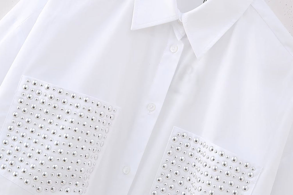 Street Trendy Rivet Ornament Loose Long Sleeve Shirt Women - enhanced image 7