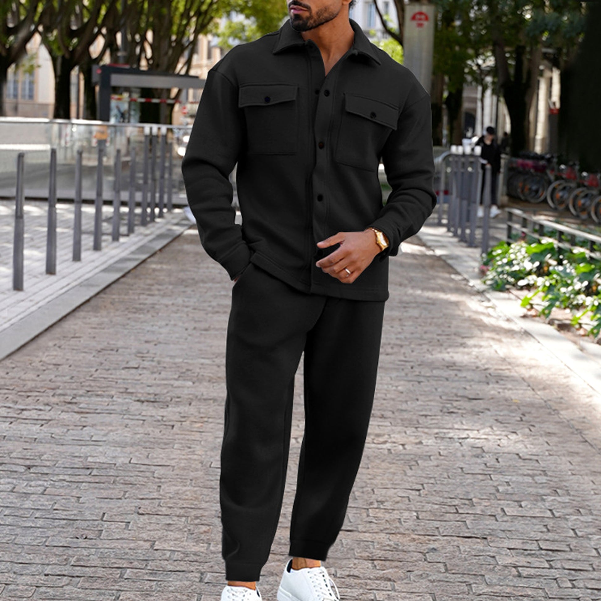 A Suede Single-breasted Solid Color Slim Fit Two-piece Suit Men (Tracksuit) - enhanced image 7