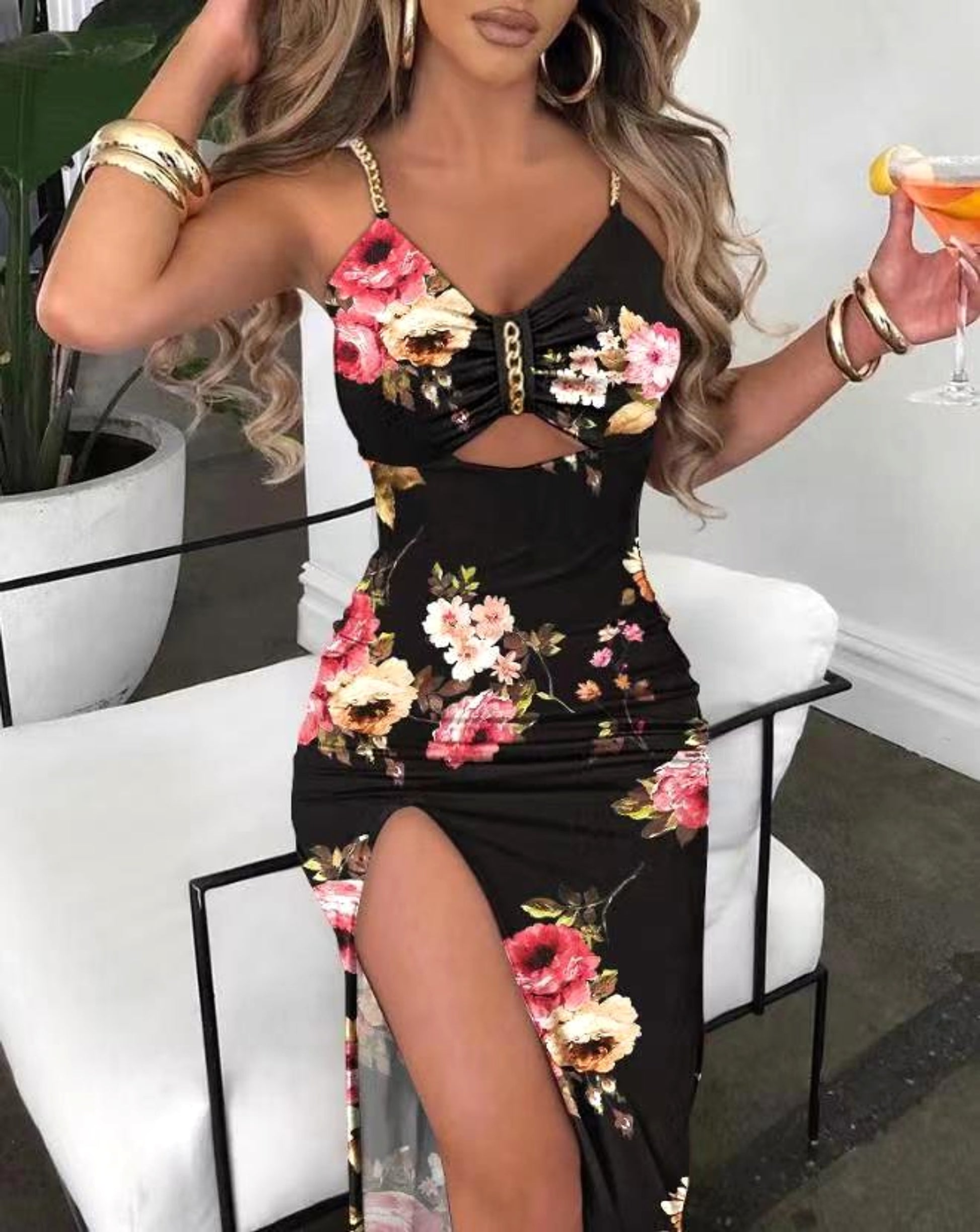 Women's Clothing Split Spaghetti-strap Floral Print Dress - enhanced image 7