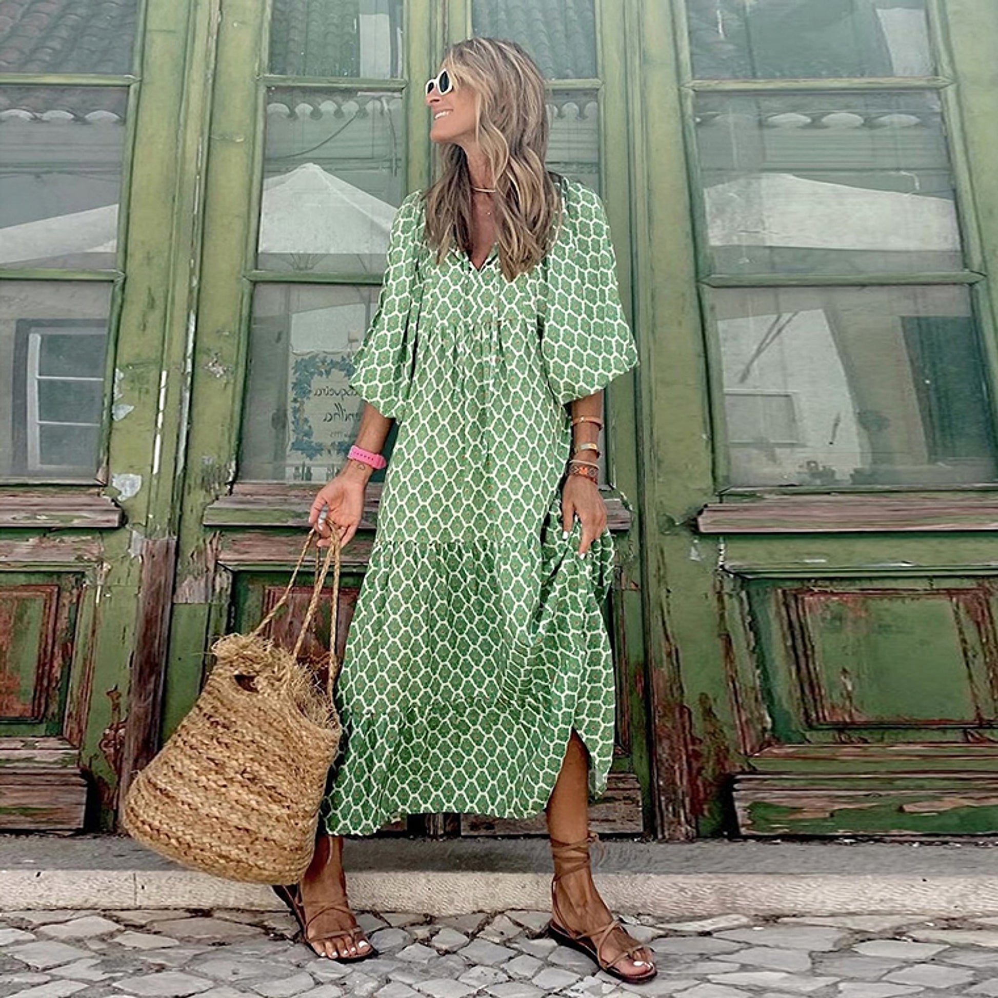 Summer Women's Vintage Printed Bohemian Dress Elegant Ladies Casual Loose V-Neck Short Sleeve Long Dresses - enhanced image 7