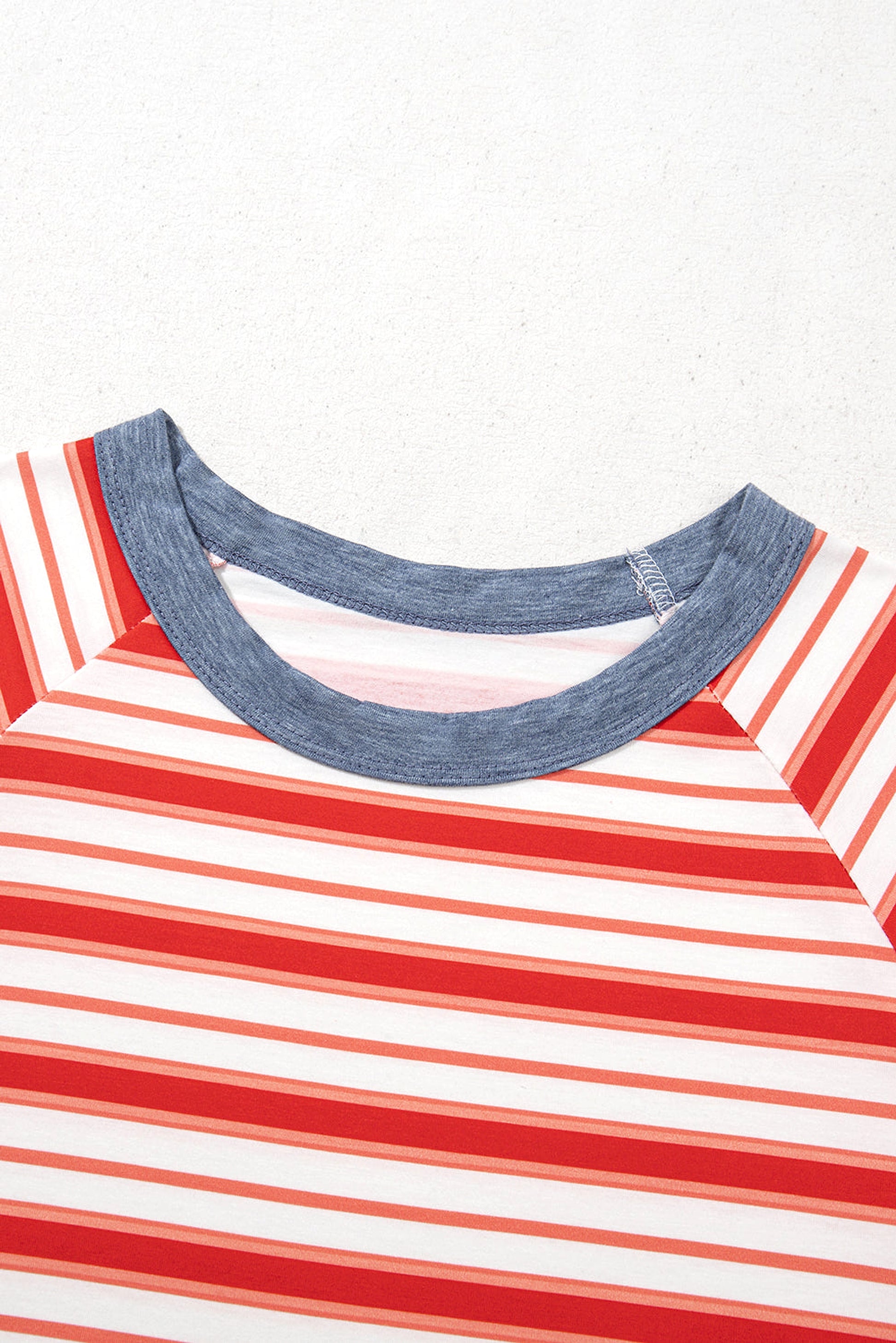 Tomato Red Stripe Print Contrast Collar Raglan Sleeve T Shirt - enhanced image 7