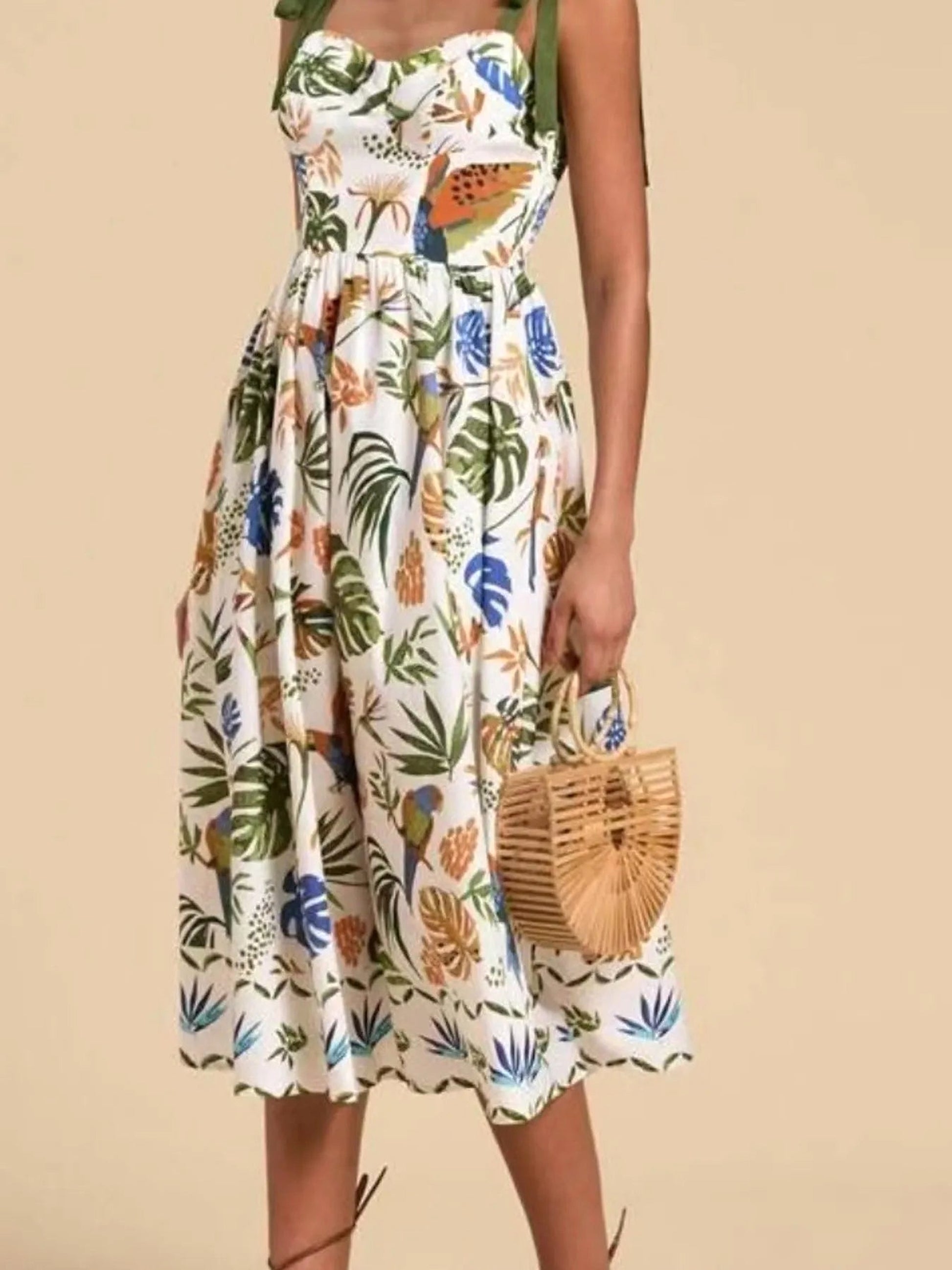 Tropical Print Tie-Shoulder Sweetheart Neck Midi Dress - enhanced image 7
