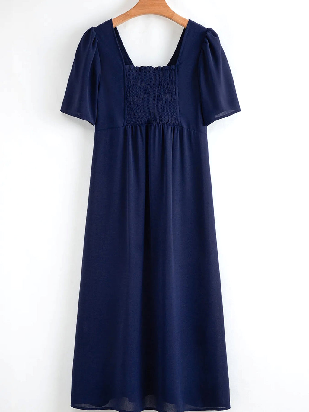 V Neck Buttoned Front Shirred Back Short Sleeve Midi Dress - enhanced image 7