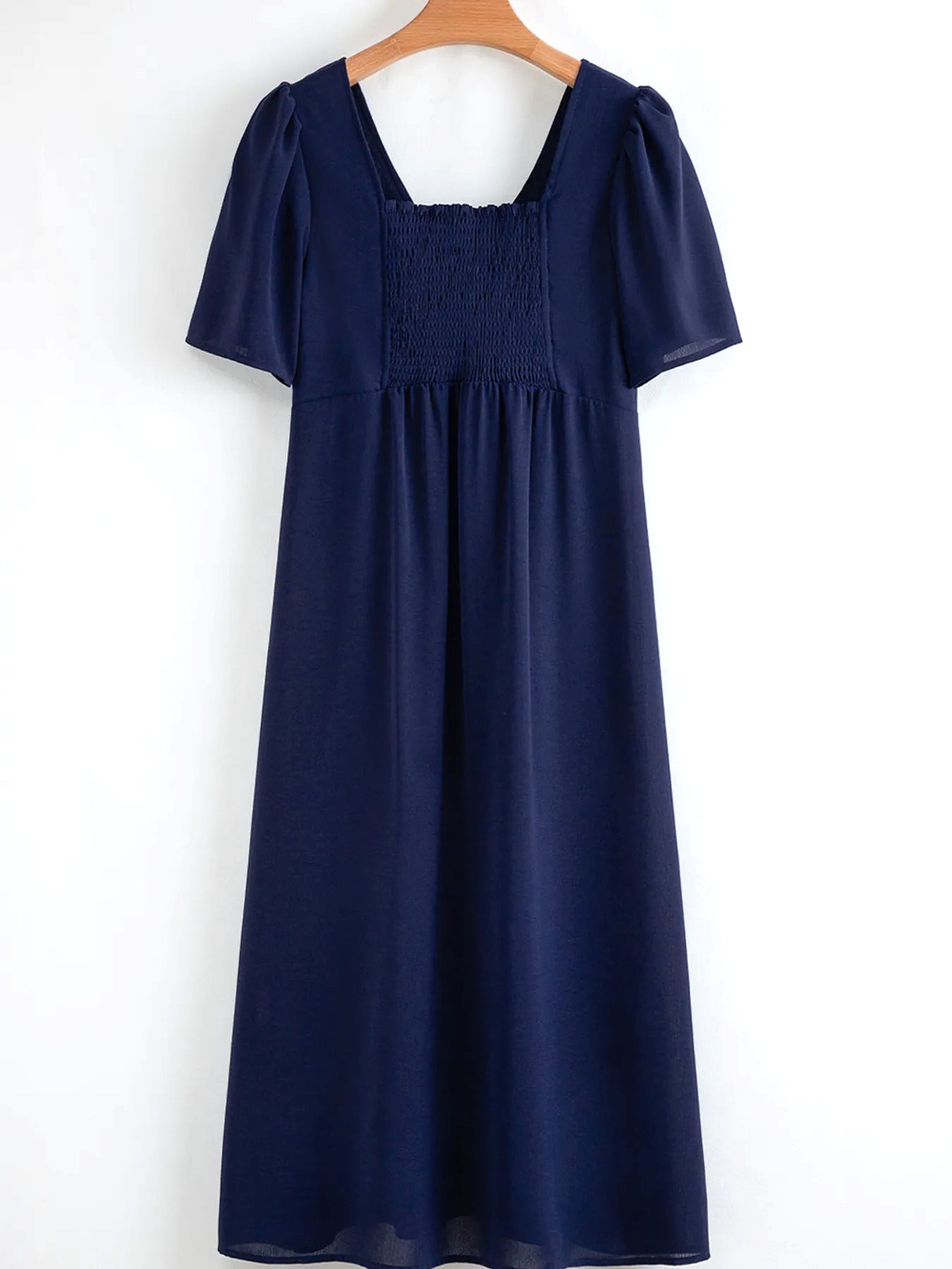 V Neck Buttoned Front Shirred Back Short Sleeve Midi Dress - enhanced image 7