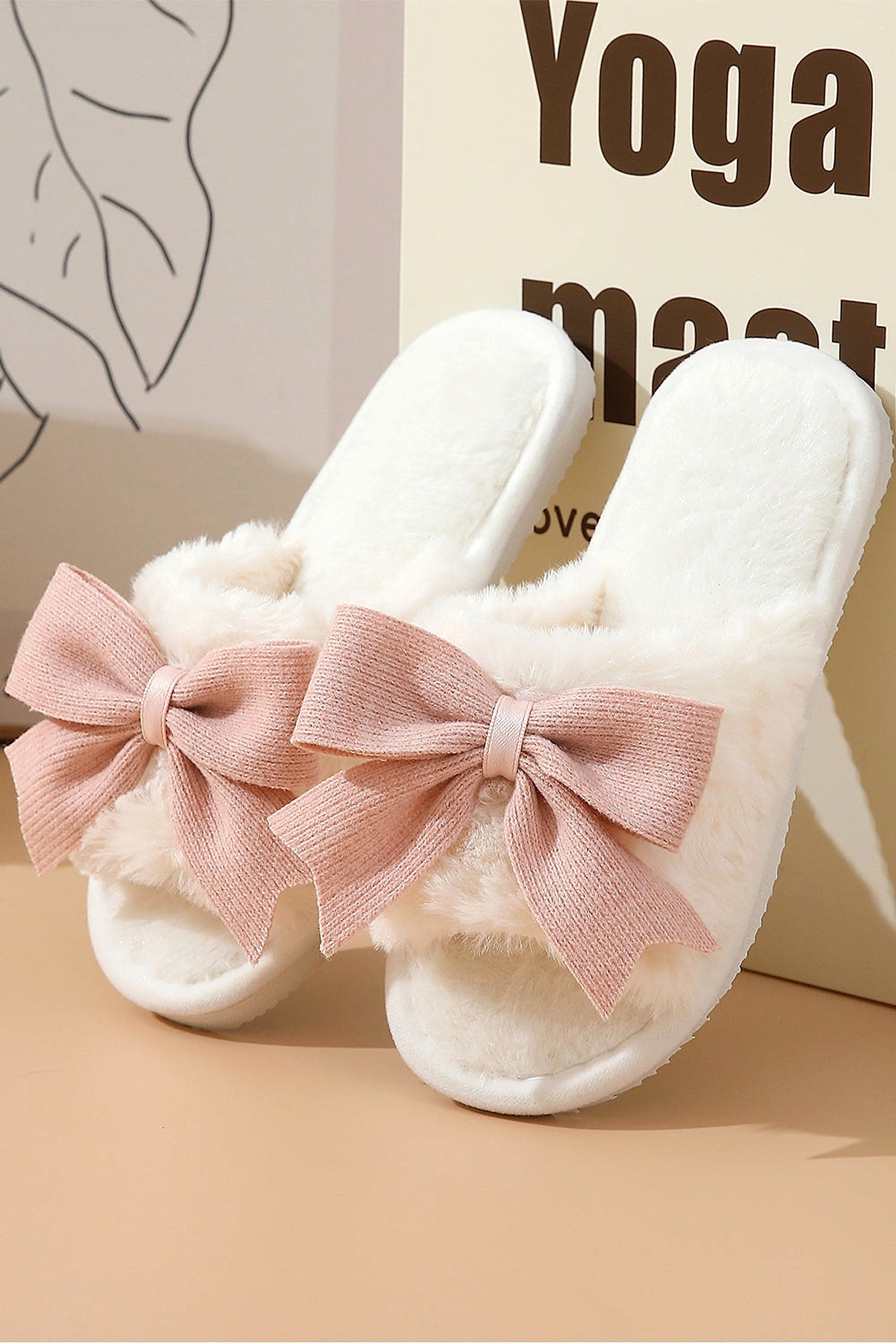 White Bow Knot Decor Open Toe Plush Slippers - enhanced image 7
