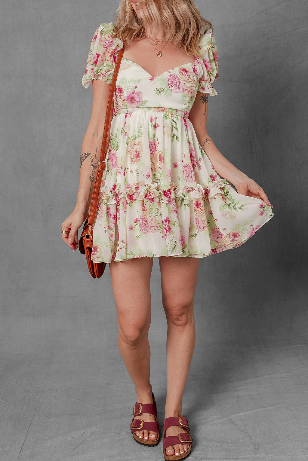 White Vibrant Floral Bubble Sleeve Sweetheart Neck Ruffle Mini Dress - enhanced image 7